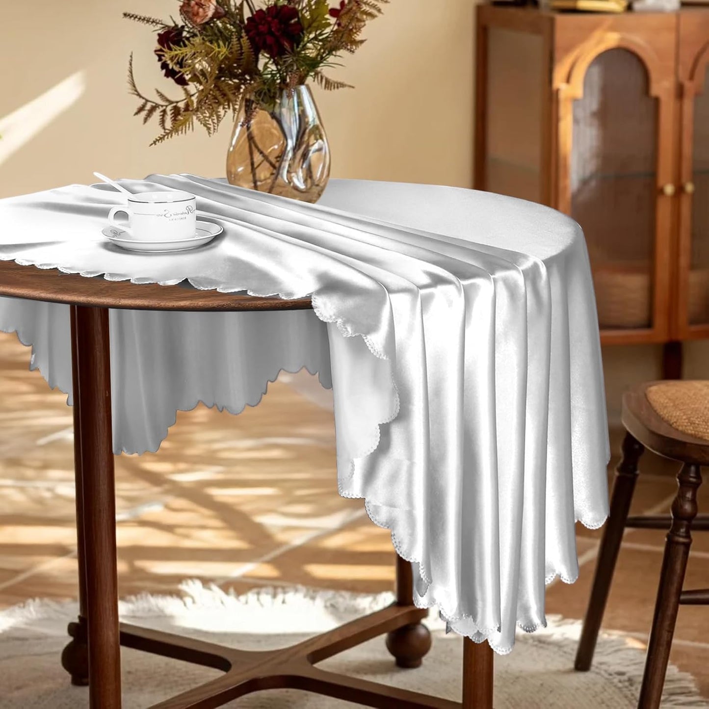 KKJIAF 1 Pack Round Table Cloths 90 Inch, Silver Overlay Round Satin Table Cover, Silky Satin Dining Tablecloths for Wedding Buffet Parties Banquet Decoration