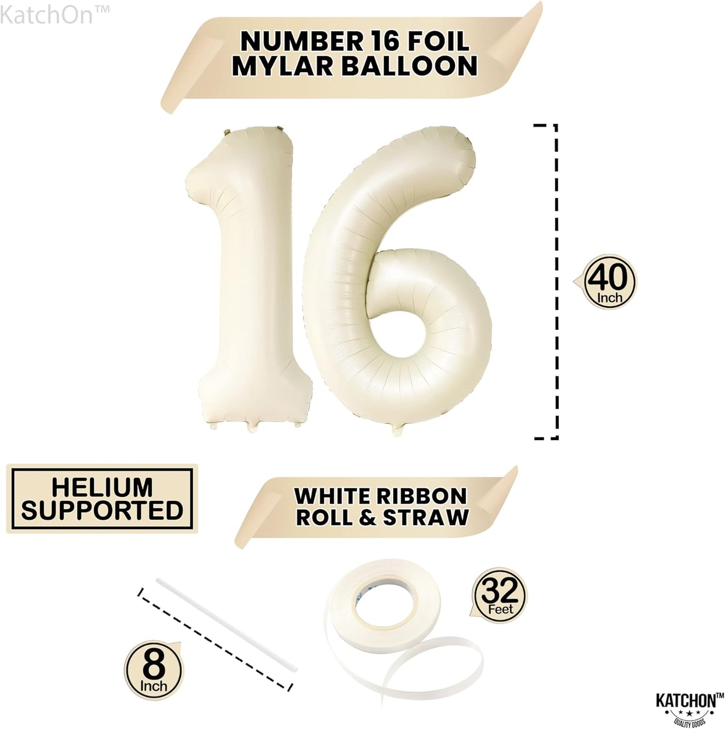 KatchOn, Cream 16 Balloon Numbers - Large, 40 Inch | 16 Birthday Balloons for Sweet 16 Party Decorations