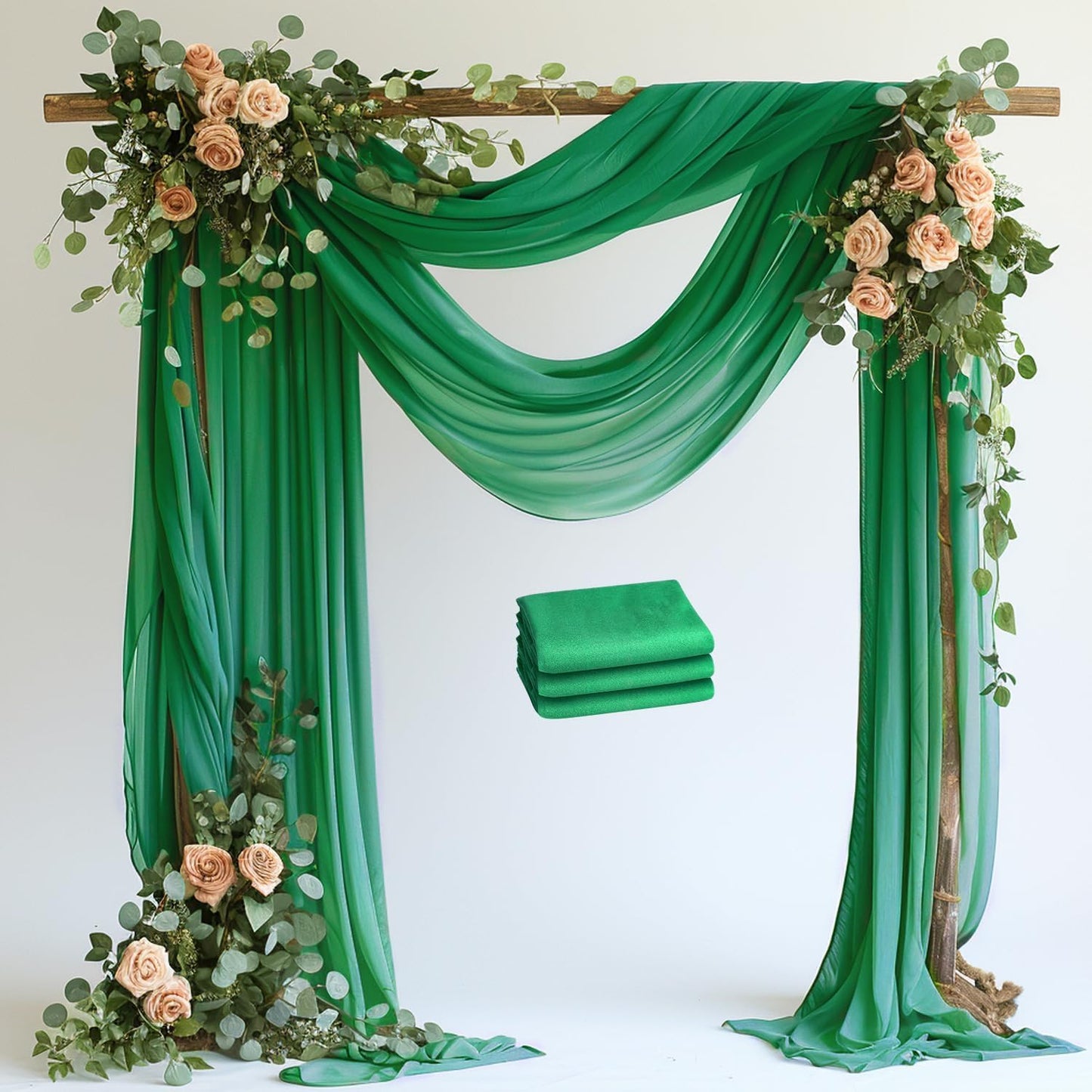 Wokceer Emerald Green Wedding Arch Draping Fabric Backdrop 3 Panels 28.7" X 20FT Sheer Drapes Fabric for Wedding Arbor Ceremony Party