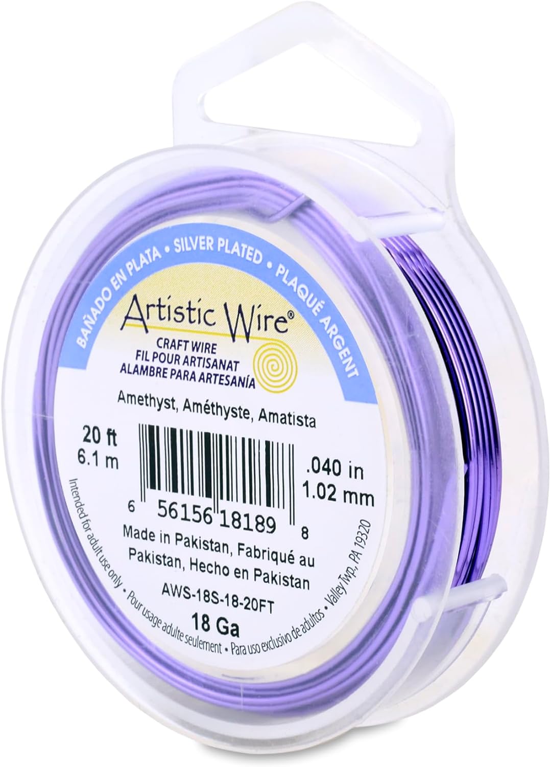Artistic Wire, 18 Gauge Silver Plated Tarnish Resistant Colored Copper Craft Wire, Amethyst, 20 ft