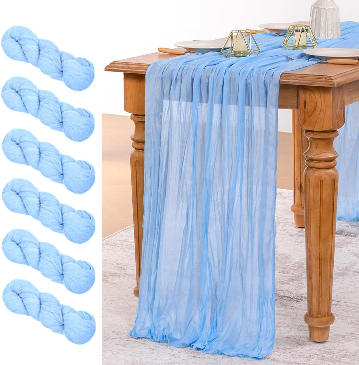 MLMW 6 Pack Light Blue Cheesecloth Table Runner Boho Gauze Rustic Cheese Cloth 160 inch Sheer Baby Blue Coastal Table Runner 13.3ft for Wedding Party Baby Bridal Shower Birthday