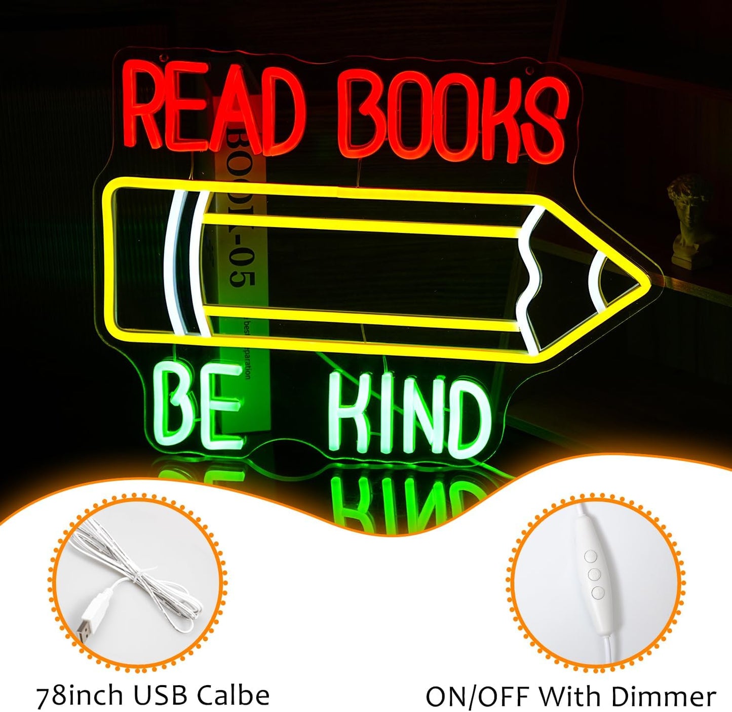 Read Books Be Kind Neon Sign Pencil Led Neon Light for Wall Decor USB Powered Be Kind Neon Light Sign Dimmable Read Books Light Up Sign for Classroom Study Room Library Bedroom Bookstore (16.5*12.8In)