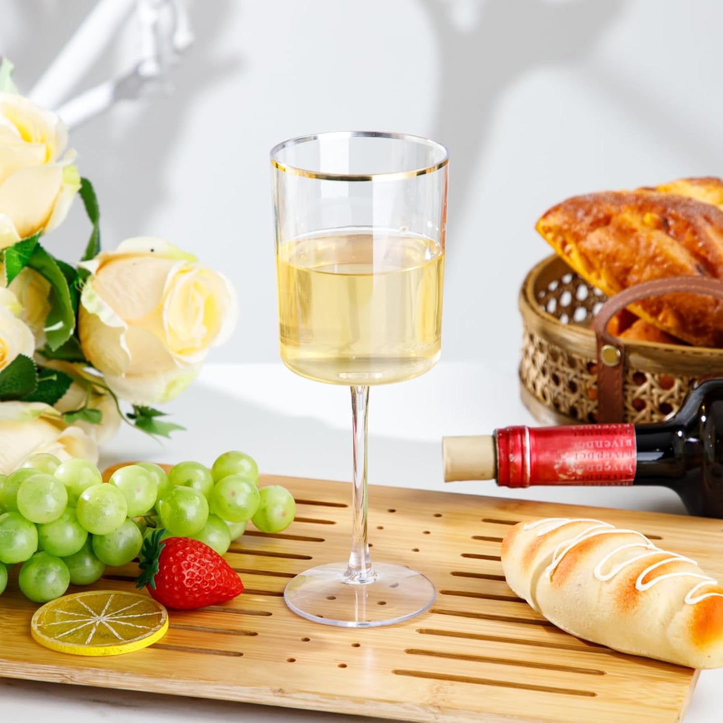 Ciaell 12 Pack Plastic Wine Glasses - 10 Oz Plastic Wine Glasses with Stem - Gold Rim Disposable Cups for Parties & Weddings & Poolside & Toasting & Outdoors & Thanksgiving