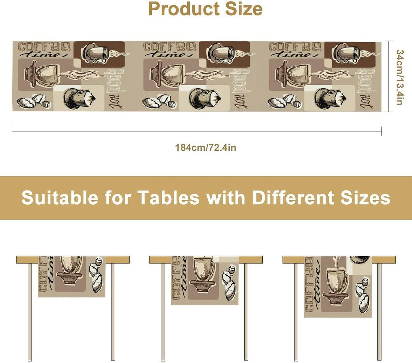 Coffee Table Runner,Vintage Style Coffee Cup Bean Abstract Theme Pattern Print Tablecloth Burlap for Hotel Indoors Outdoor Dining Room Kitchen Table Decor, 13x70in