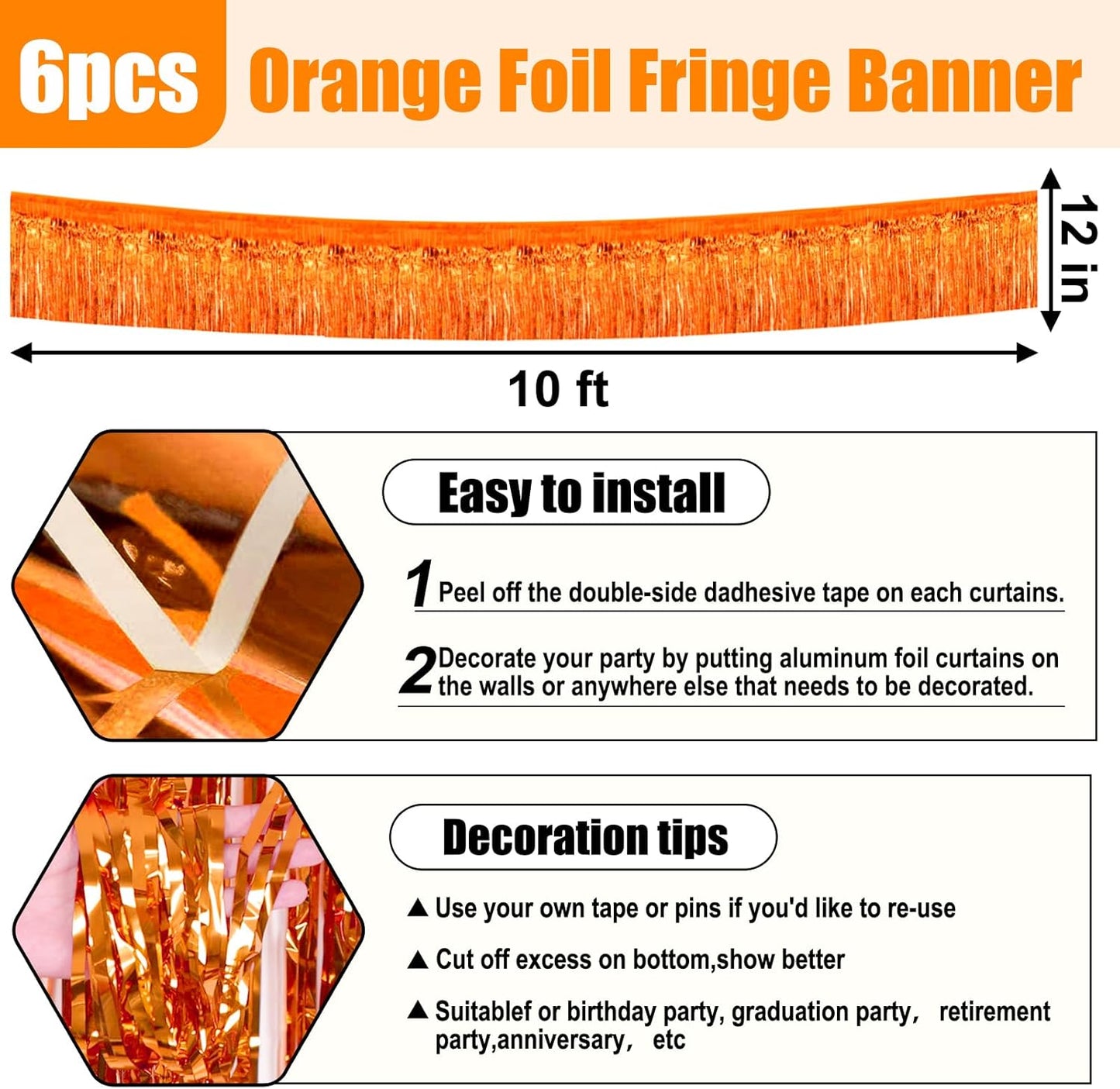 6 Pack 10 Feet Orange Foil Fringe Garland Metallic Tinsel Streamers Banner Wall Hanging Curtain Backdrop for Parade Floats, Birthday, Graduate, Mother's Day, Wedding Party Decoration
