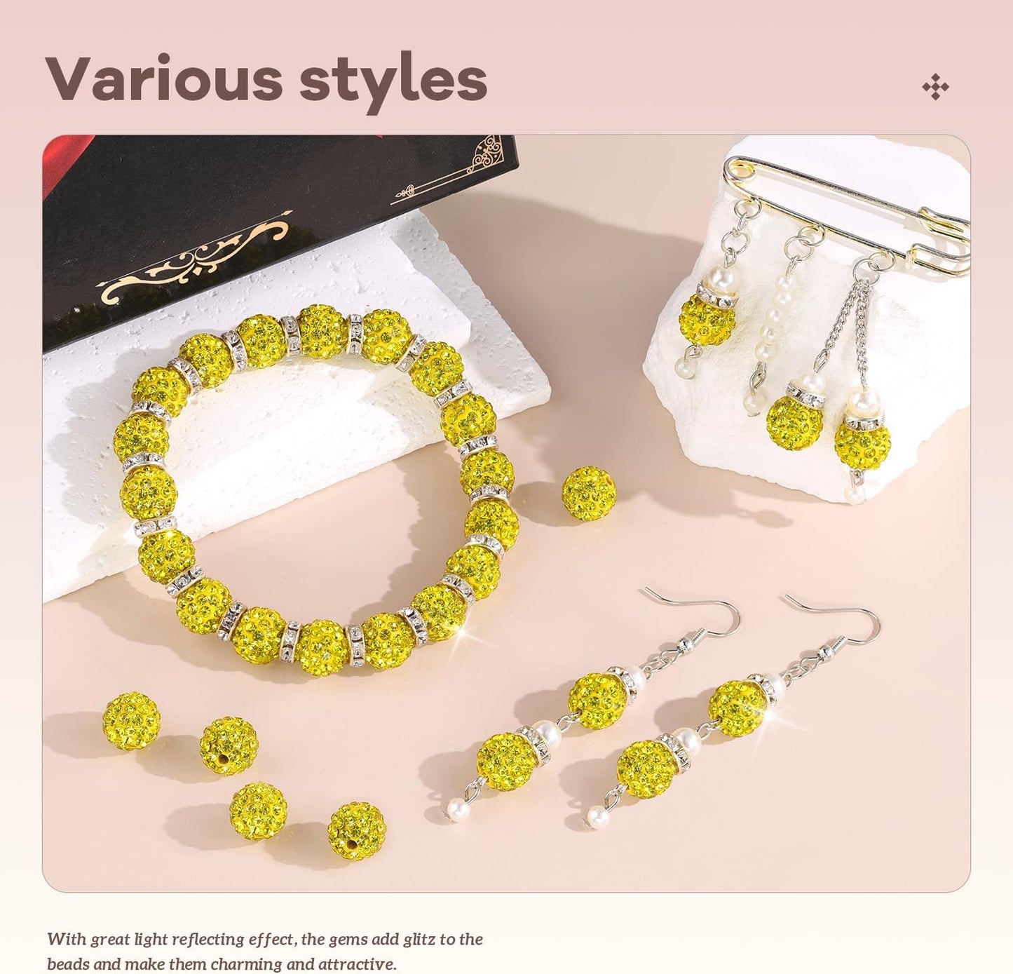 200pcs 10mm Rhinestone Beads for Jewelry Making, Yellow Shiny Round Disco Ball Beads Bulk, Sparkle Crystal Clay Christmas for Bracelet Baseball Necklace Earring Crafting and DIY