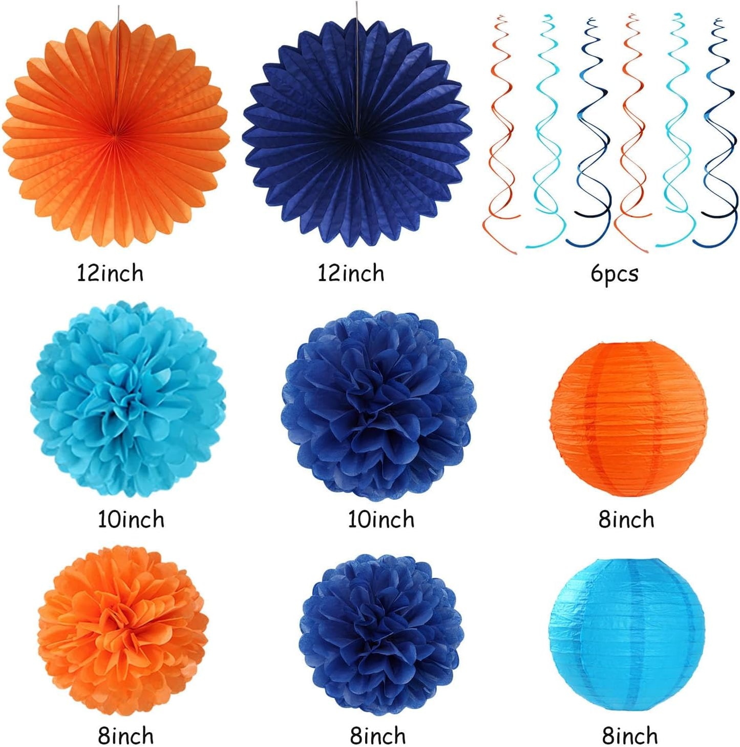 Royal-Navy Blue Orange Happy-Birthday Party-Decorations - 31pcs Men Boys Paper Lanterns Streamers Banner,Tissue Flowers Pom Poms Fans Tassels Garland Decor Backdrop Supplies Hugmoon