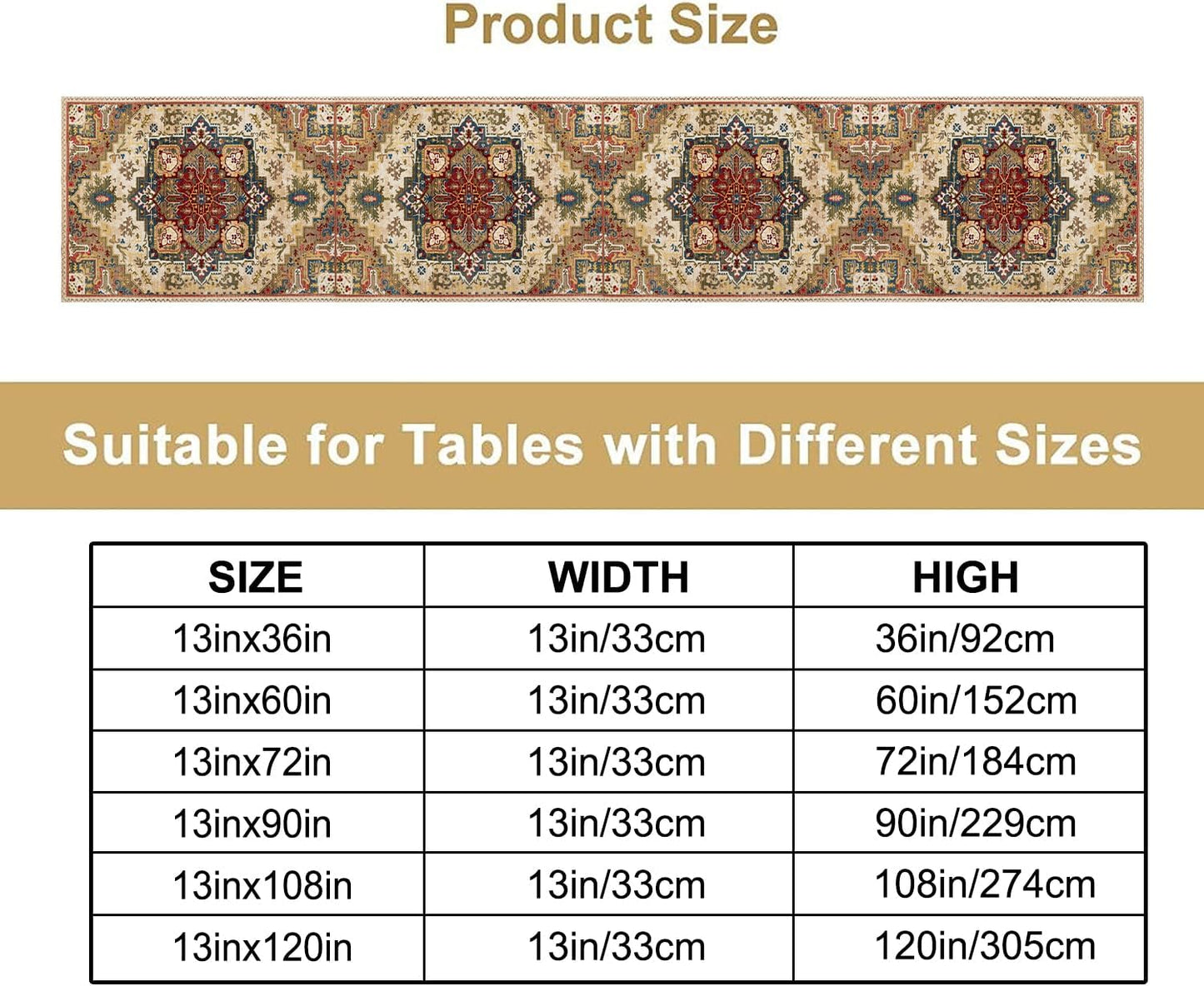 Boho Bohemia Style Table Runner, Vintage Yellow Brown Retro Flower Rustic Country Style Floral Print Pattern for Home Kitchen Table Decor Dining Coffee Room Garden Party Decor 13x120in