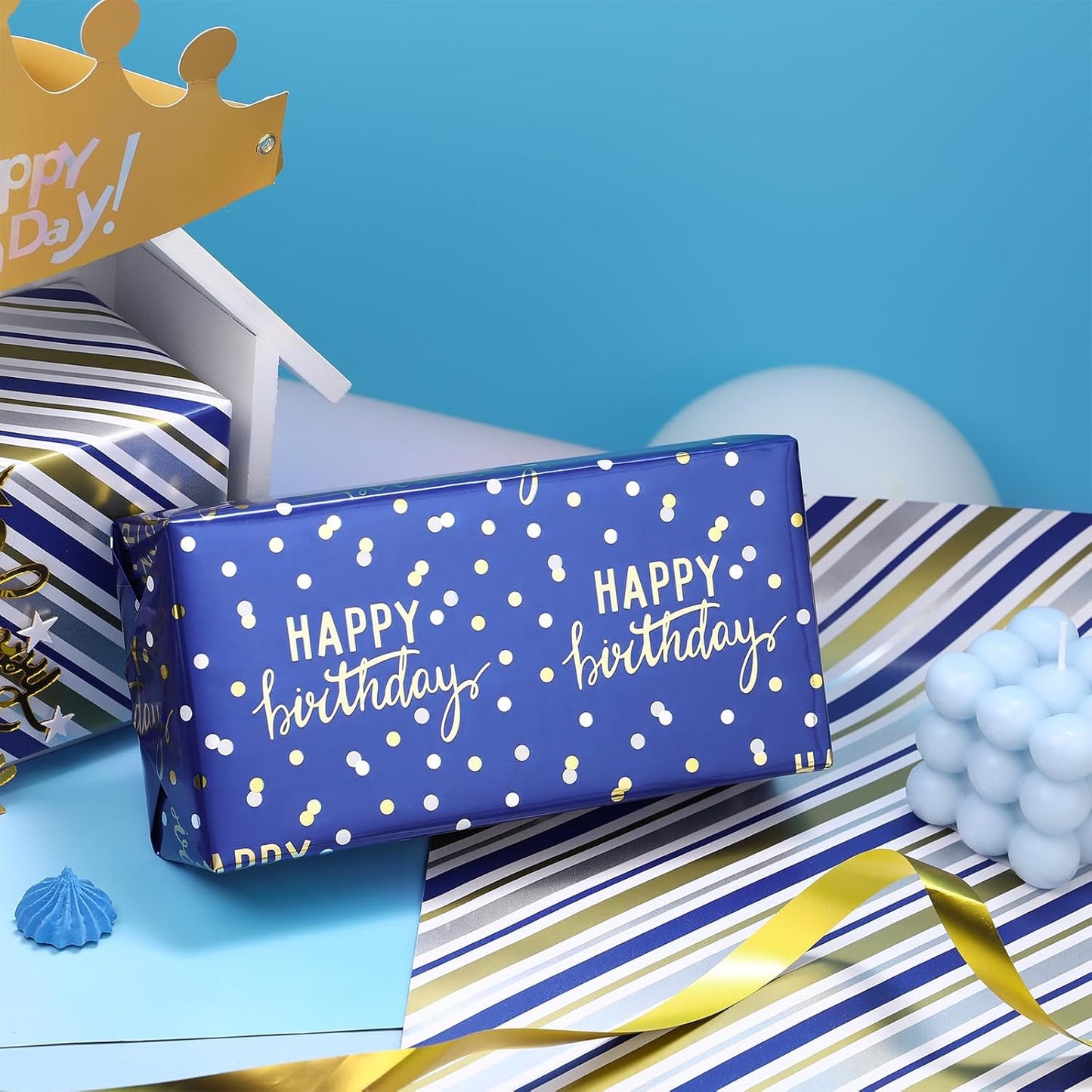 LeZakaa Reversible Blue Birthday Wrapping Paper Roll for Boys Men, Happy Birthday Lettering & Stripe Pattern with Metallic Foil in Navy Blue, Mini Roll, 17 inches x 32.8 Feet (46.45 sq.ft.)