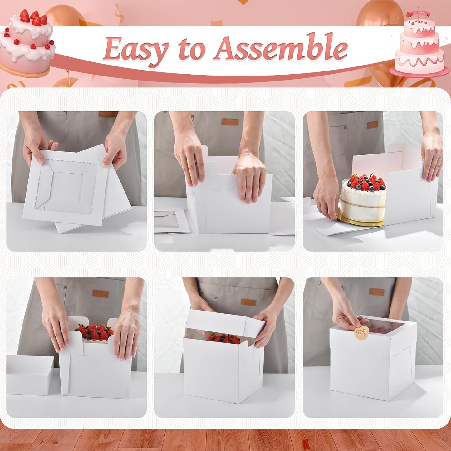 12Pcs 6x6x6 Inches Mini Cake Boxes, White Square Bakery Boxes with Window, Small Cake Containers for Pastries, Cookies, Chocolates, Cupcakes, Birthday Party Cajas Pasteles