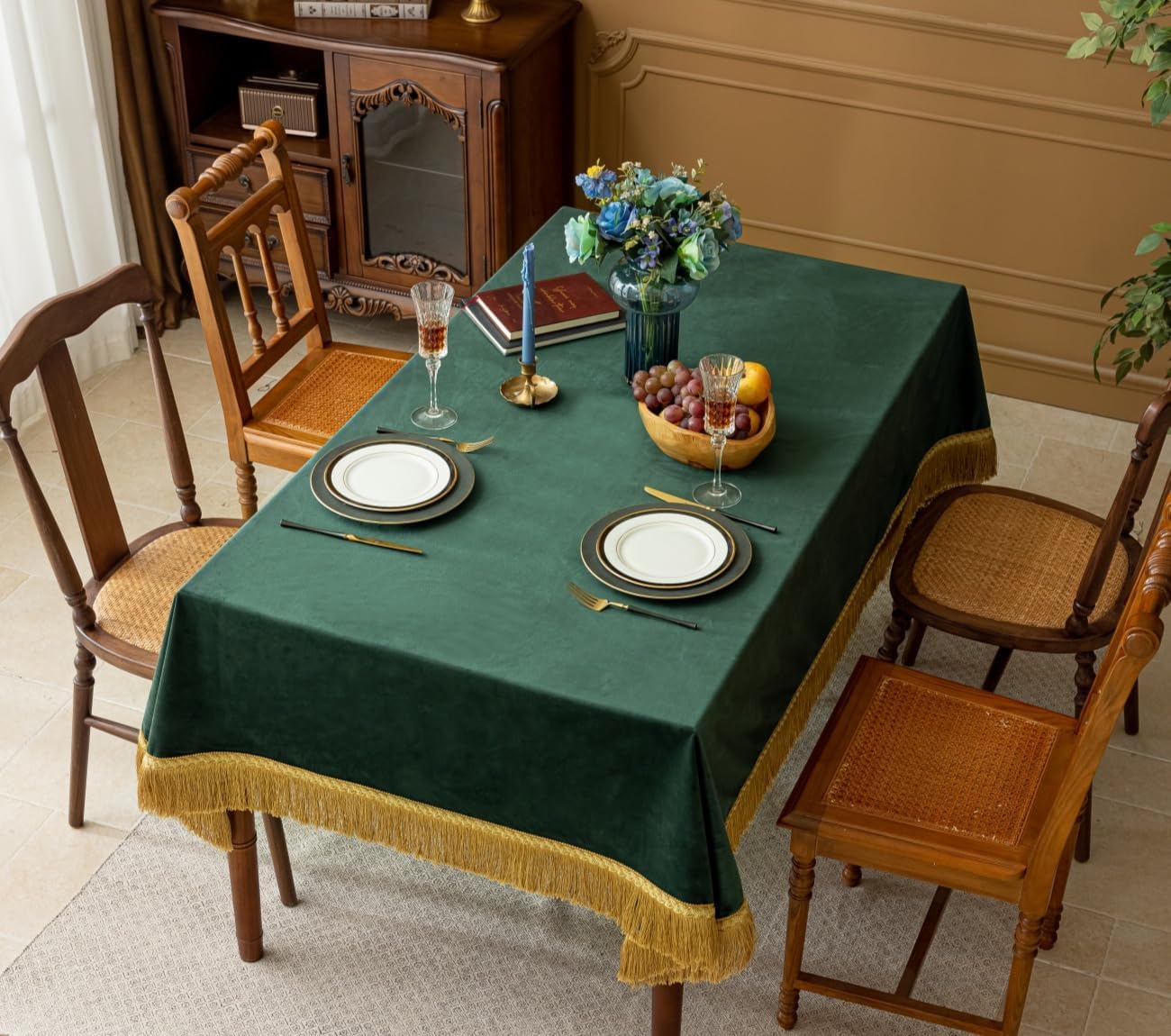 F-CHU Luxury Green Tablecloth Thickset Velvet Tablecloth with Beautiful Gold Tassels Table Cloth for Home Decor Wedding, Party, Banquet and Events 60x120-Inch