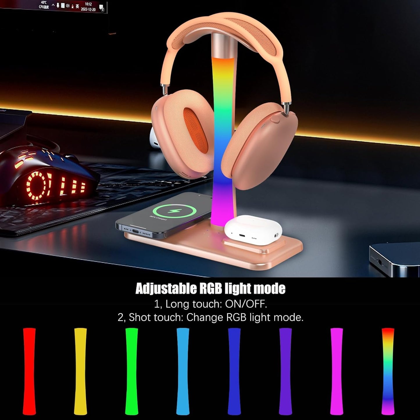 Headphone Stand with Wireless Charger,Gaming HeadsetStand with RGB Light Mode,Airpod MaxStand Compatible with Airpod Pro/3/2,iPhone 16/15/14/13/12/11,Samsung,Gifts for Gamers & Music Lover (Gold)