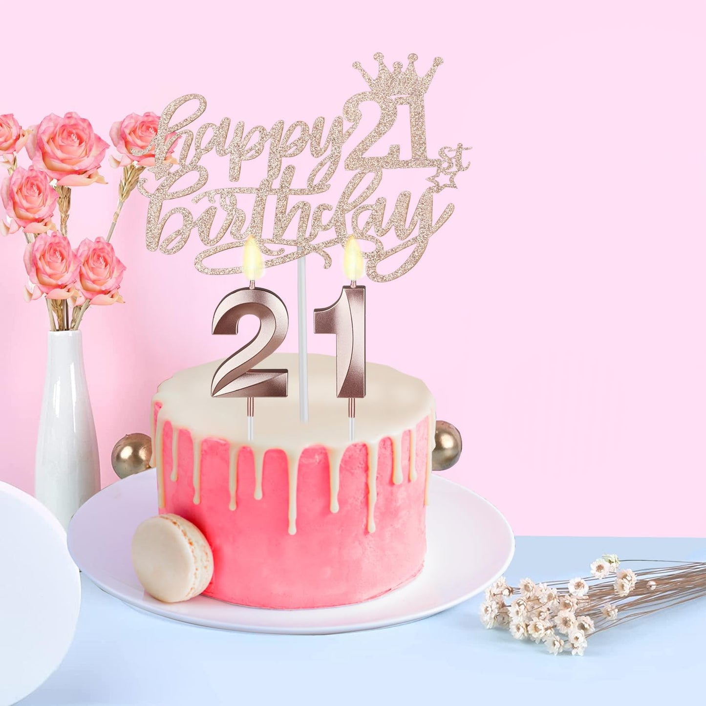 Glitter Black 21st Birthday Sash, Rhinestone Rose Gold Tiara, Cake Topper and Candles, 21st Birthday Decorations for Her