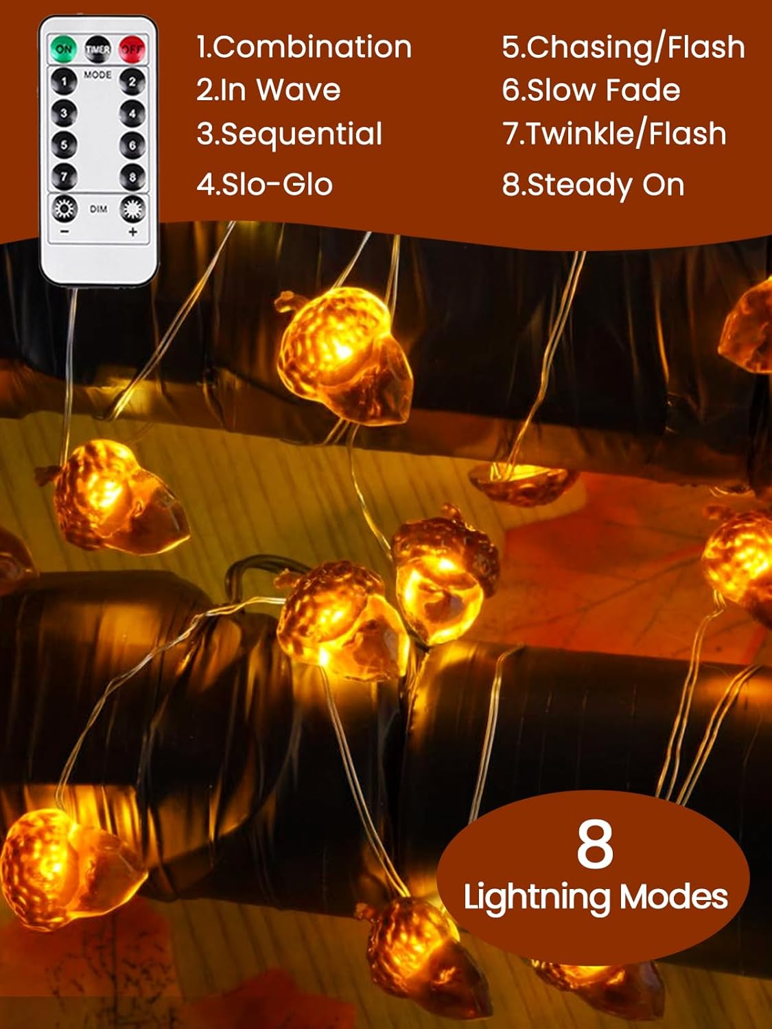 BOSSERN 2 Pack 60LED Thanksgiving Decoration Acorn String Light Battery Operated, 20FT Fall Lights with Remote, Waterproof 8 Modes Fairy Lights for Autumn Harvest Thanksgiving Halloween Decor
