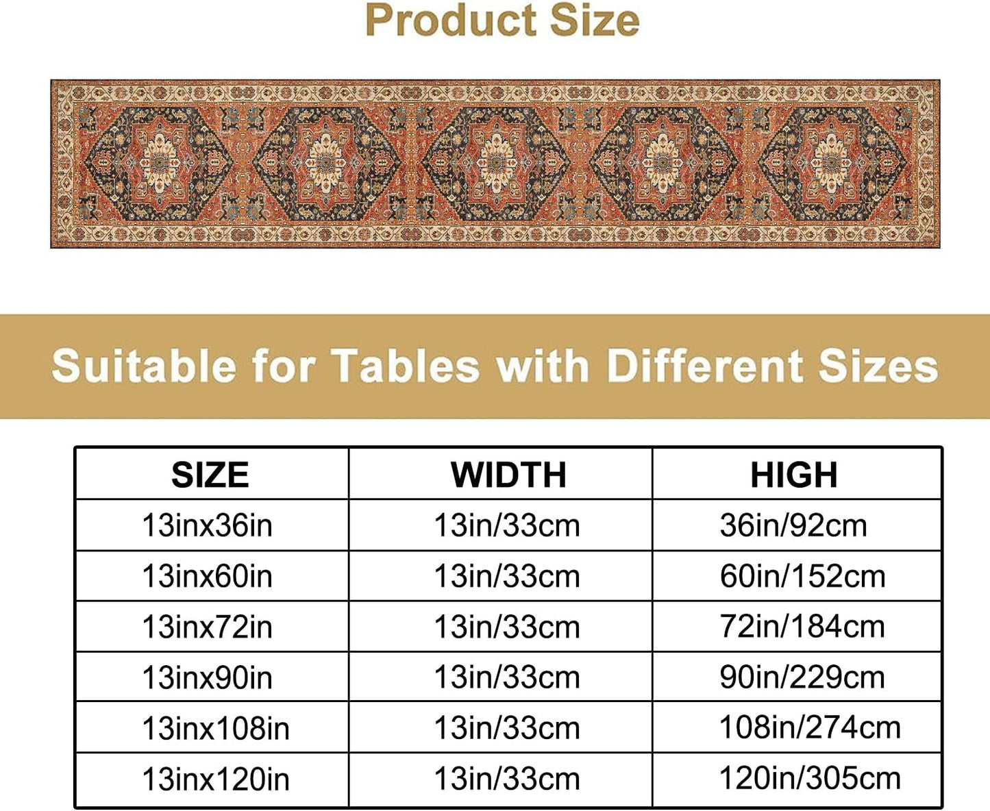 Vintage Boho Floral Table Runner, Rustic Country Farmhouse Orange Black Retro Flower Pattern for Home Kitchen Table Decor Dining Coffee Room Party Decor 13x72in