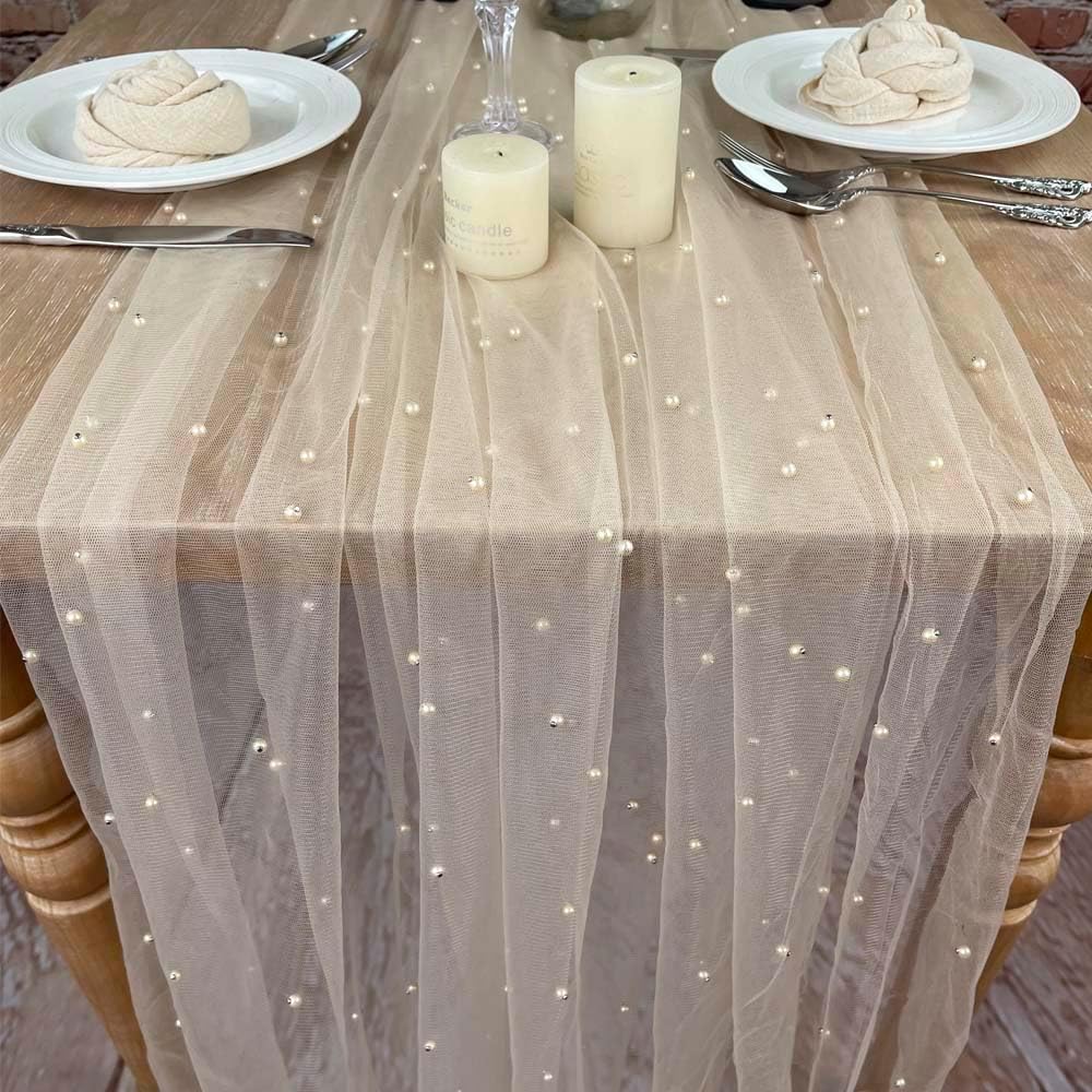 EHLDekol Pearl Table Cloth Elegant Polyester Table Runner with Artificial Pearl Accents Extra Long 10ft 60 x 120 Inches Pearl Tulle Table Runner for Wedding (60inch Width, Champagne, 1 Piece)