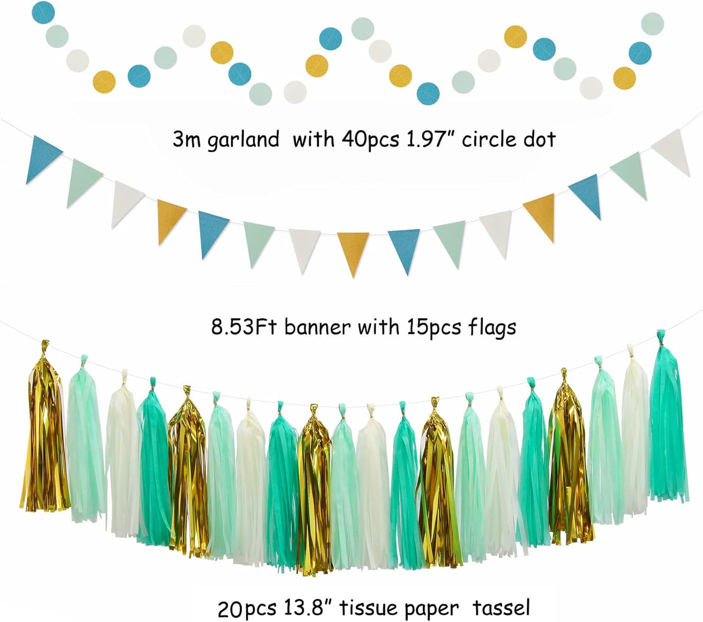 Teal-Gold Sage Green Party-Decoration - 33pcs Kits Tissue Pom Poms Honeycomb,Banner,Streamers Tassel Garland,Paper Lantern Fans,Wedding Engagement Bachelorette Birthday Baby Bridal Shower Decor Hugtmr