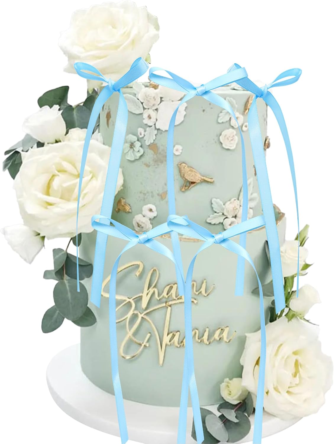 Ephlyn 30Pcs Bow Cupcake Toppers Valentine's Bowknot Ribbons Coquette Bow High Footed Cup Balloon Wall Party Decorations Cake Dessert Picks Baby Girl Birthday Wedding Party Supplies Lake Blue