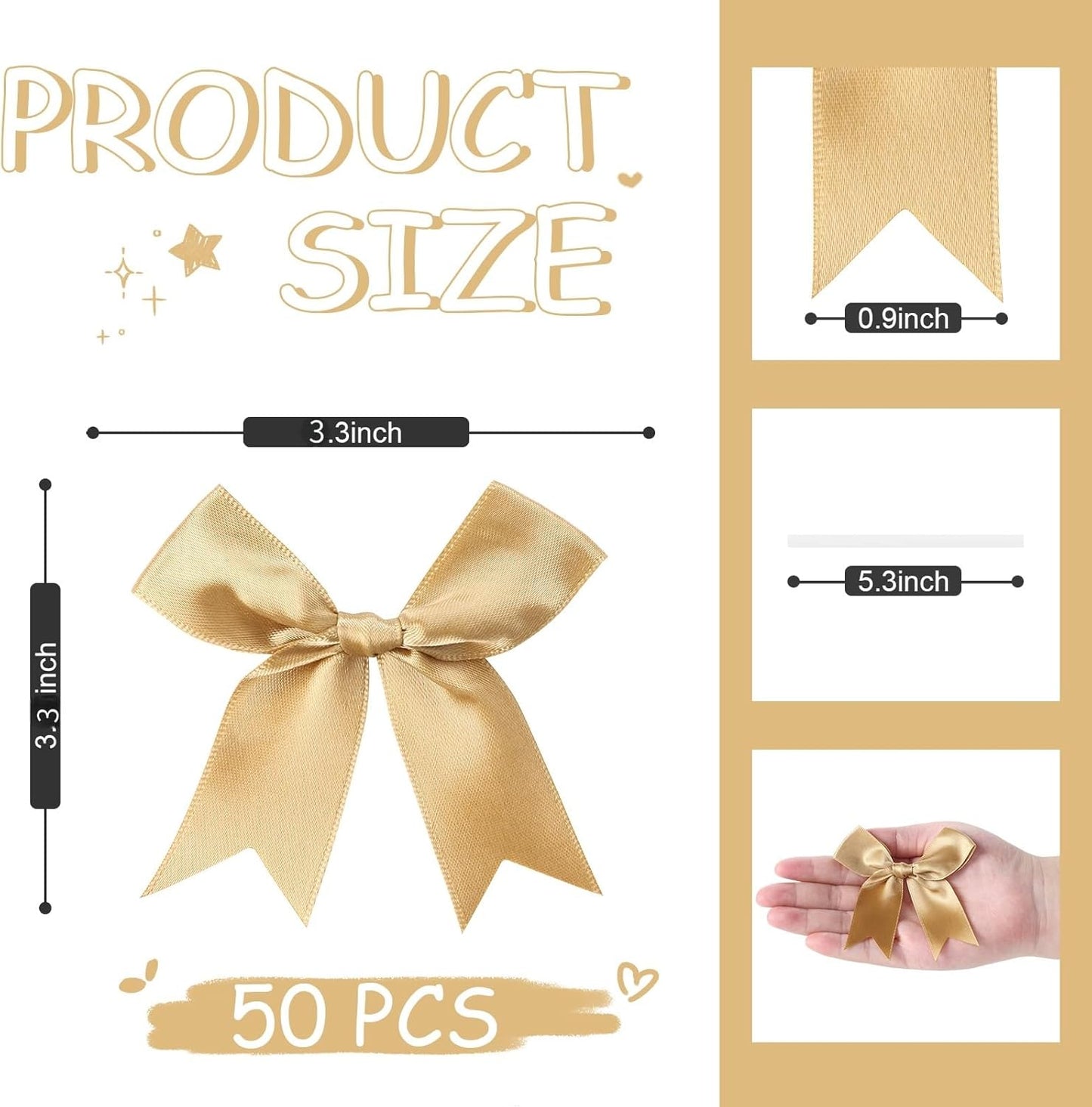 Feluwi Golden Gift Wrap Bows (50 Pcs) - 3.3 Inch Elegant Plastic-Free Bows for Christmas Gifts, Birthday Presents, Wedding Friendly Party Supplies, Baby Shower, Gift Bags Decorative Accessories