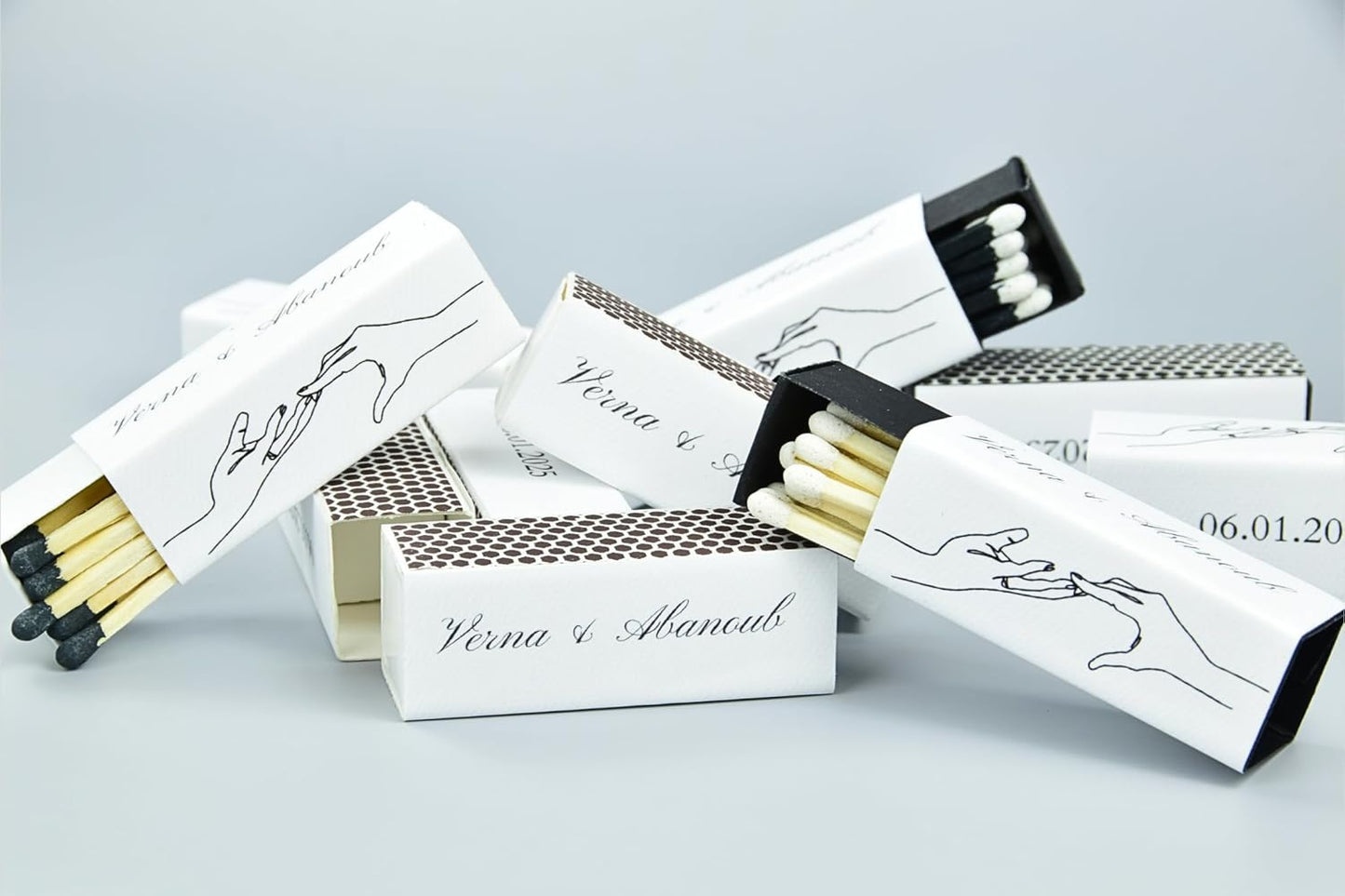 10 Boxes - Customized Matchboxes Colorful Tips (Wedding Design #5, 4" Matchboxes) (2" Matchsticks, Wedding Design #2)