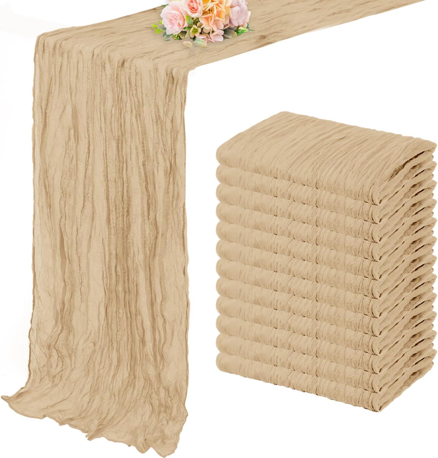 Sand 12 Pack 10FT Cheesecloth Table Runner 20 x 120 Inch Long Rustic Gauze Cheese Cloth Table Runner for Wedding Bridal Baby Shower Table Decorations Boho Fabric Sheer Birthday Party Table Decor