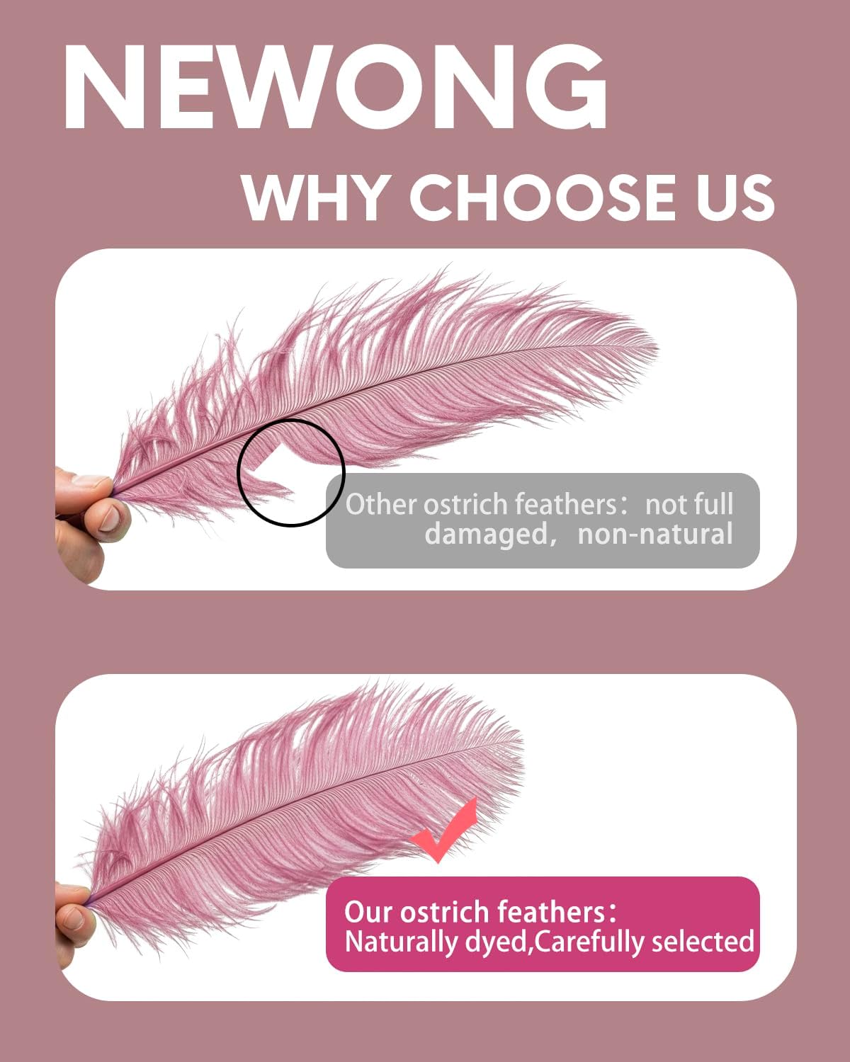 NEWONG 30pcs Peony Pink Ostrich Feathers Natural Bulk 8-10inch(20-25cm) Vase Craft Wedding Home Party Centerpieces Christmas Day Decoration