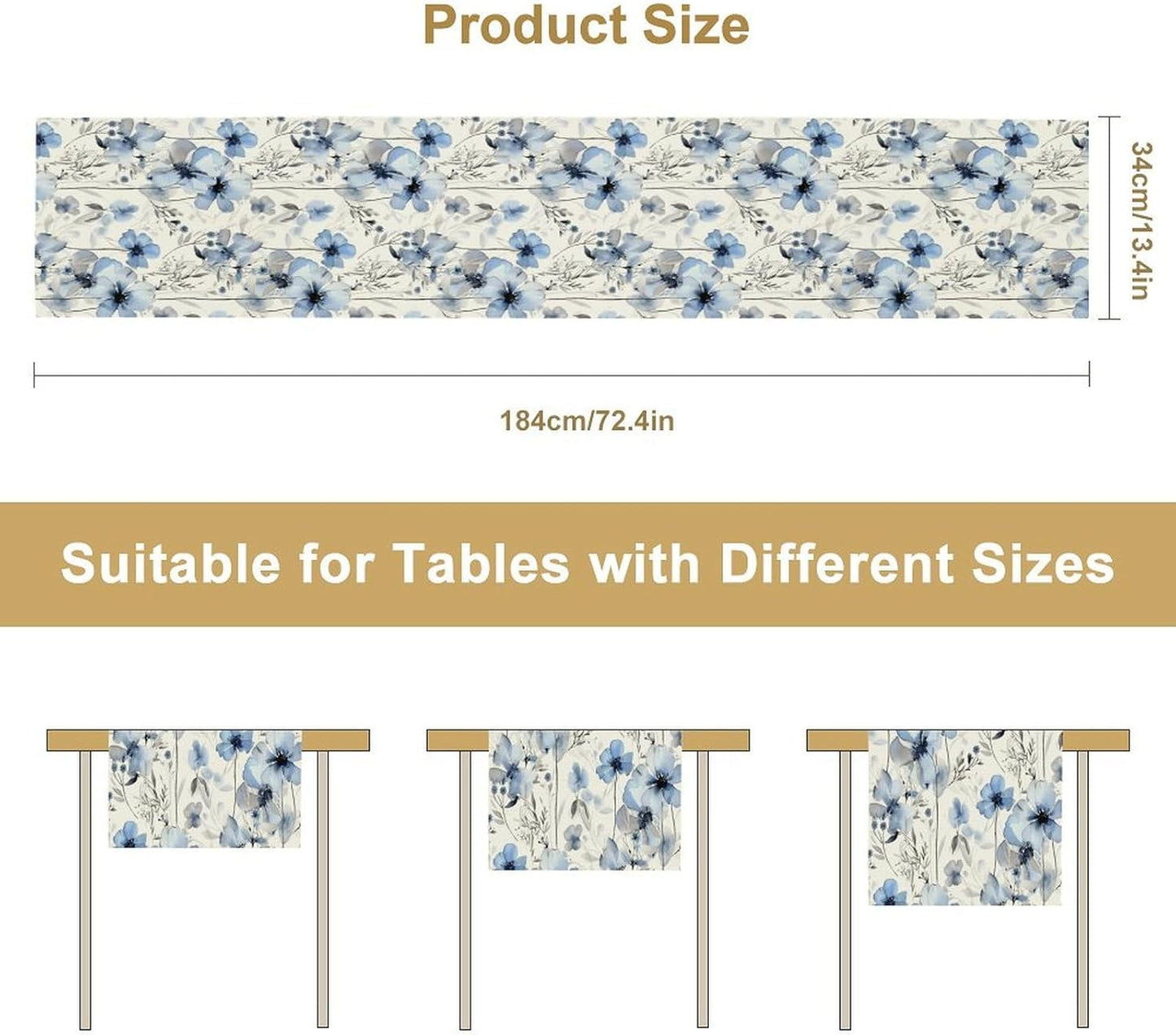 Watercolor Floral Table Runner, Blue Poppy Flower Seasonal Spring Summer Table Runner for Kitchen Dinning Table Runner Decor Home Wedding Party Holiday, 13x120 Inch