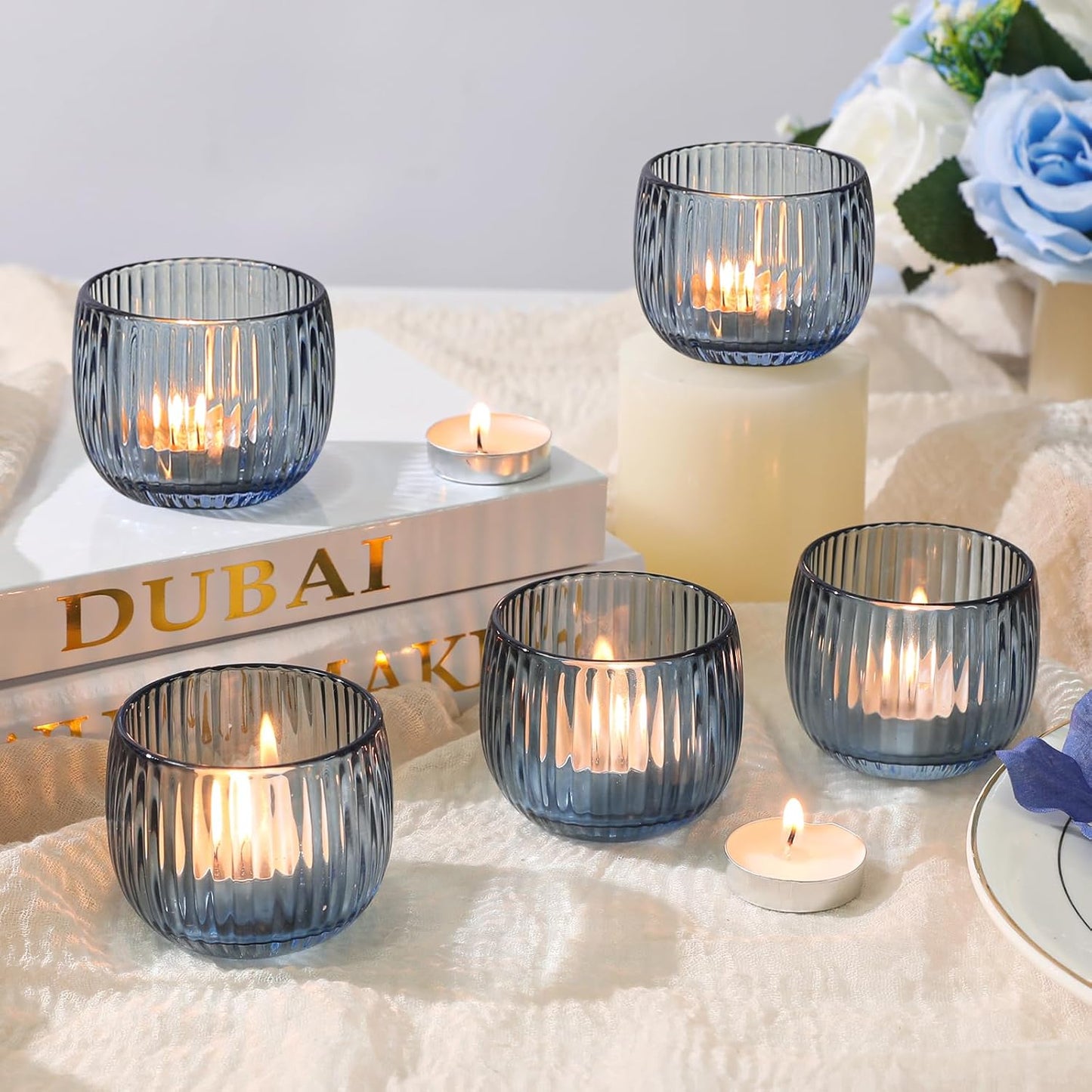 Set of 6 Ribbed Glass Votive Candle Holders, Blue Glass Tealight Holders for Taper Candles - Elegant Table Centerpieces for Weddings, Christmas, Parties, and Home Decor