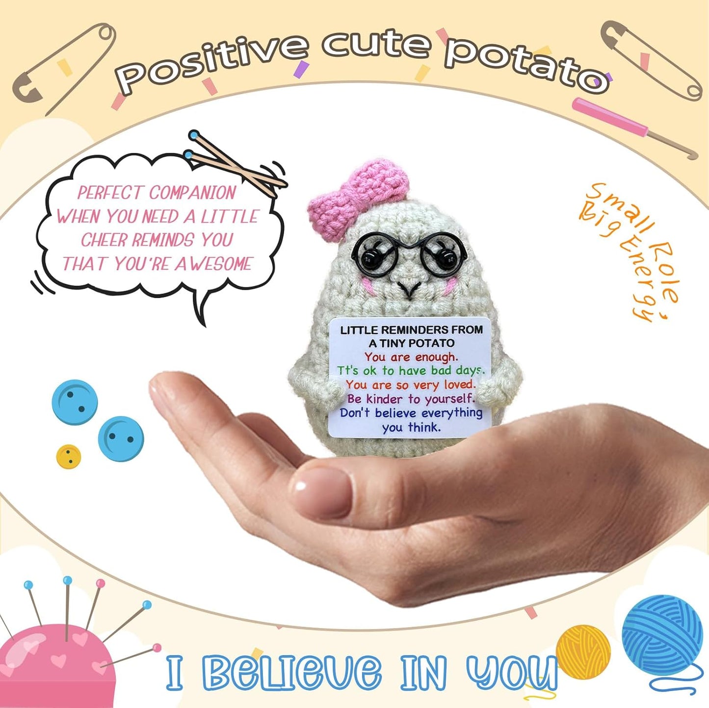 Handmade Crochet Positive Potato Gifts for Women Men Daughter Son Birthday,Teacher Nurse Week Graduation Gift,Handmade Kintted Crochet Doll with Emotional Encouragement Card,Desktop Decors