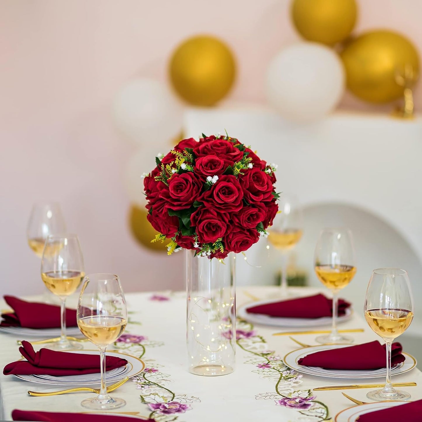 BLOSMON Flower Balls Wedding Rose Centerpieces: 2 Pcs Crimson Fake Flowers Kissing Balls Decor Artificial Floral Arrangements Flower Bouquet of Roses Home Party Table DIY Decorations