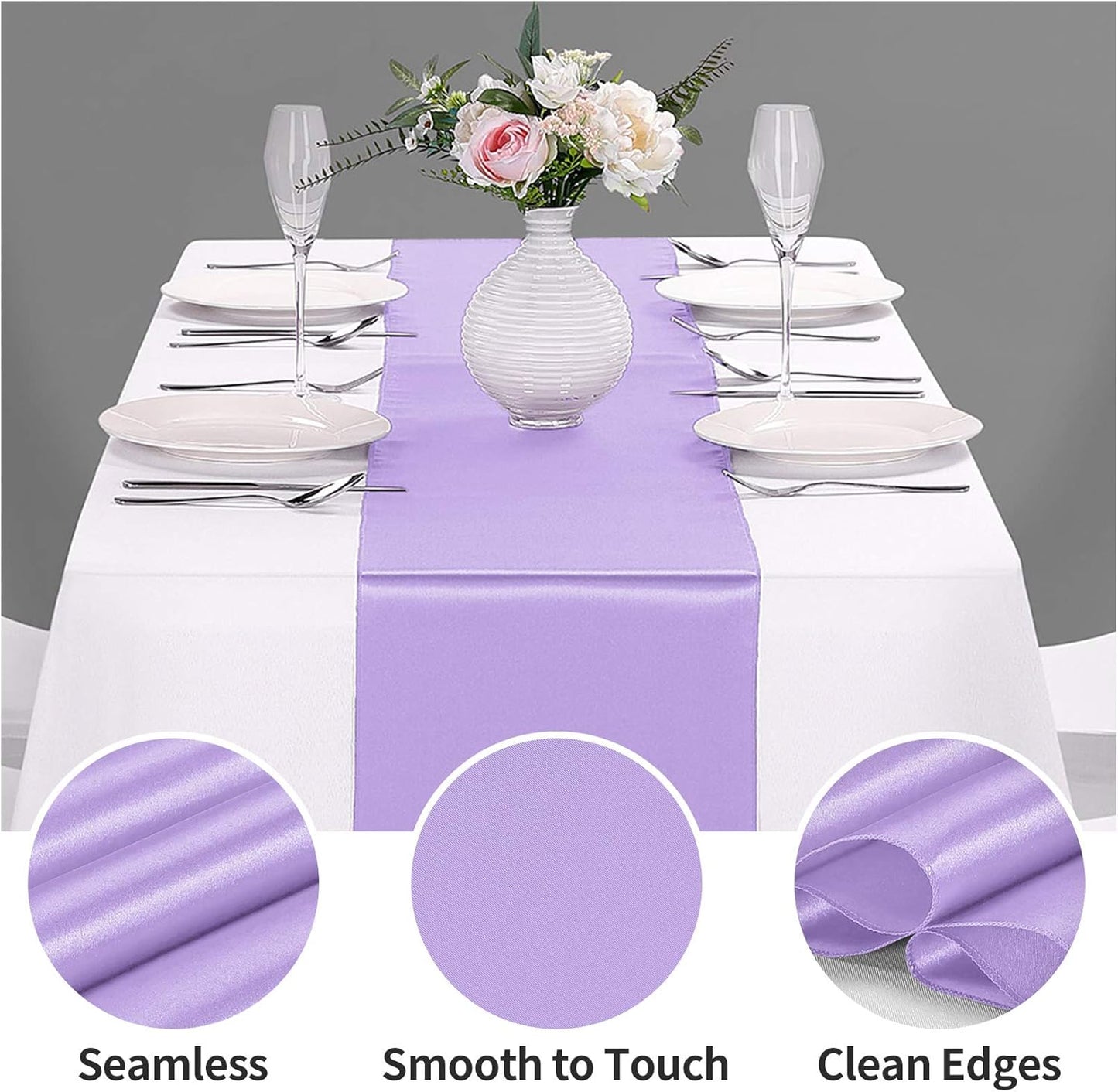 5-Pack Satin Table Runner Lavender 12 x 108 inches Long, Table Runners for Wedding, Birthday Parties, Banquets Decorations（5 Pack, 12x108 Inch, Lavender）