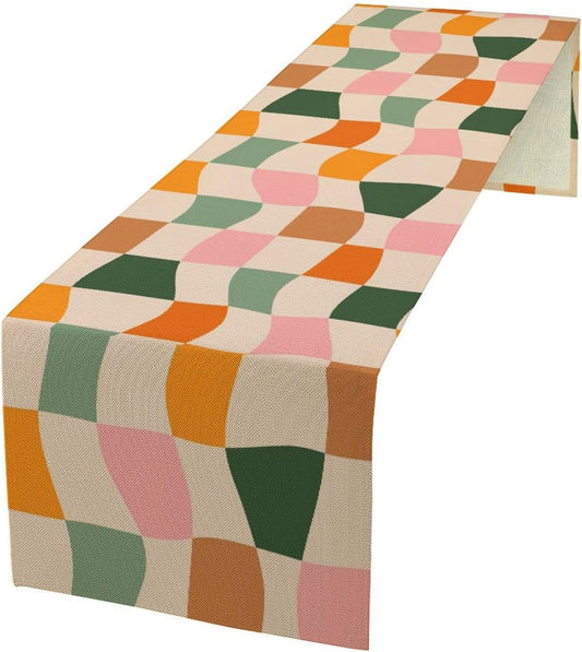 Hippie Table Runner, Vintage Geometric Square Orange Green Pink Grid 60s 70s Style Kitchen Dining Room Decor for Indoor Outdoor Wedding Party Table Runner 13x60 Inch