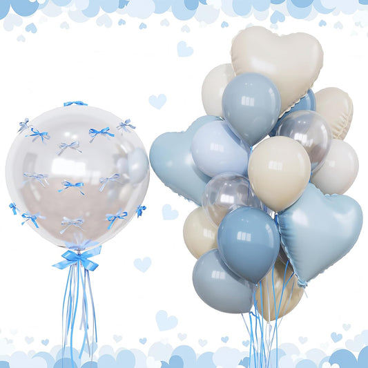 Blue Nude Balloons Heart Mylar Balloons, Happy Birthday Decoration for Boys Kids Baby Shower, Light Baby Dusty Blue Cream Balloon 18 in Clear Heart Shape Foil Balloon as Bride Christening Party Decor
