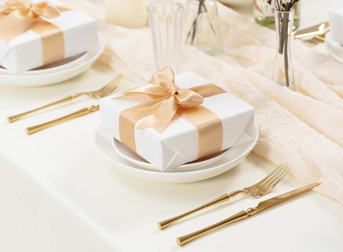 Champagne Satin Ribbon 1-1/2 Inch 50 Yards Double-Faced Polyester Ribbons for Hair Bows Gift Wrapping Crafts Floral Bouquet Wedding Invitations