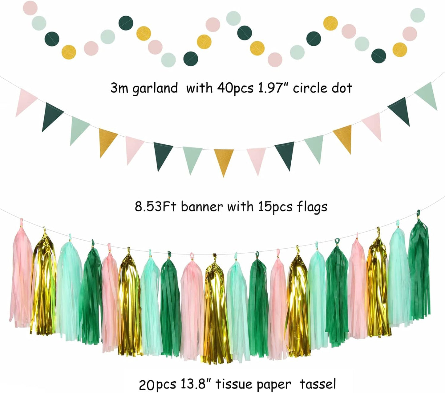 Sage-Green Pink Gold Party-Decorations - 33pcs Kits Tissue Pom Poms Honeycomb,Banner,Streamers Tassel Garland,Paper Lantern Fans, Wedding Engagement Bachelorette Birthday Baby Bridal Shower Hugtmr