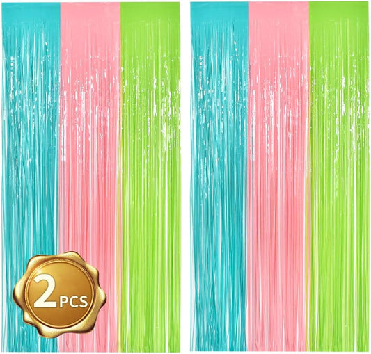 BEISHIDA 2Pcs Blue Pink Green Door Streamers Pastel Colors Foil Fringe Curtains Photo Backdrop for Wedding Party Birthday Stage Bridal Shower Decor(3.28 ft x 6.56 ft)