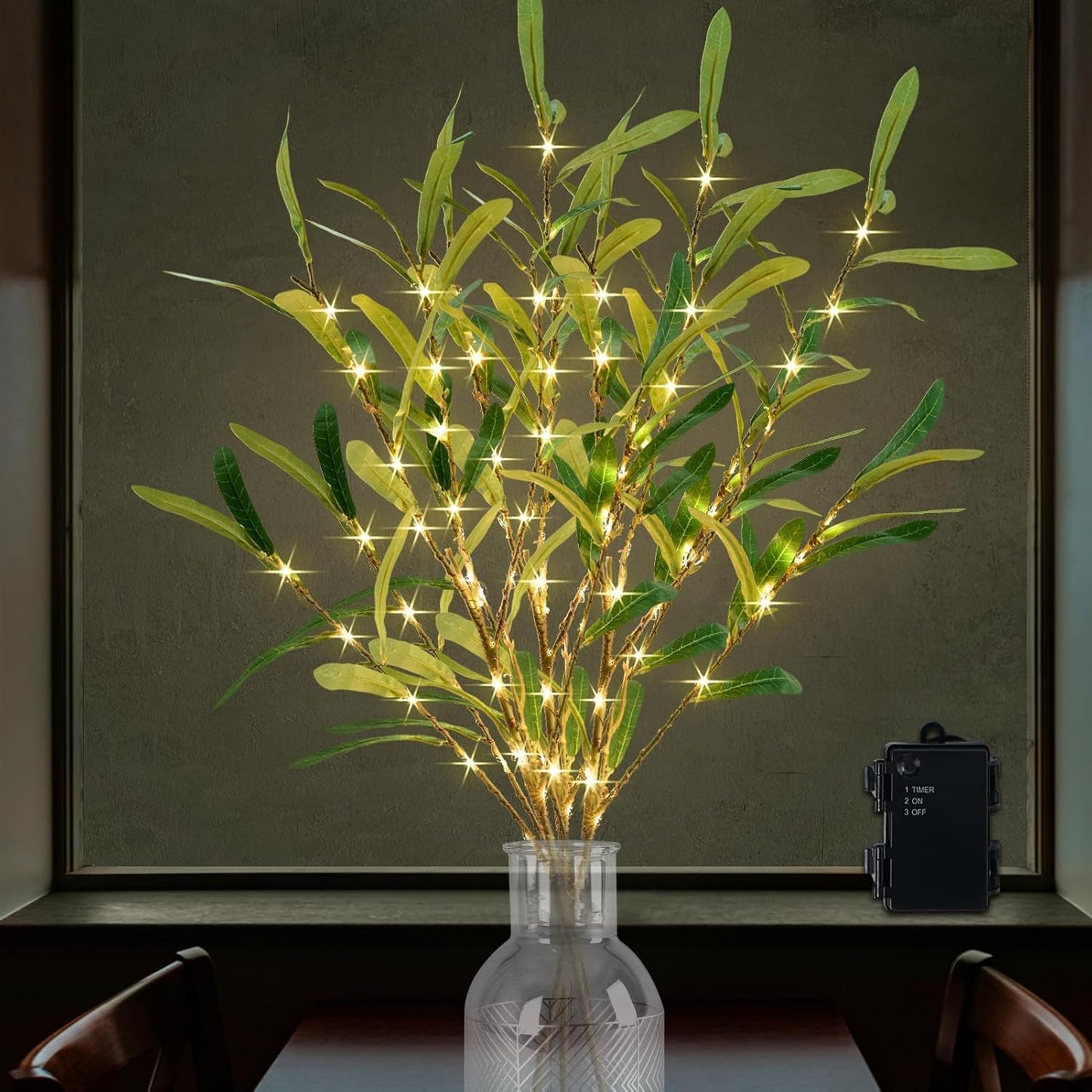 Olive Branches for Vases with Battery Operated Lights 33 Inches, 99LED Lighted Olive Tree Branches with Timer for Indoor Outdoor Spring Christmas Room Wedding Decoration