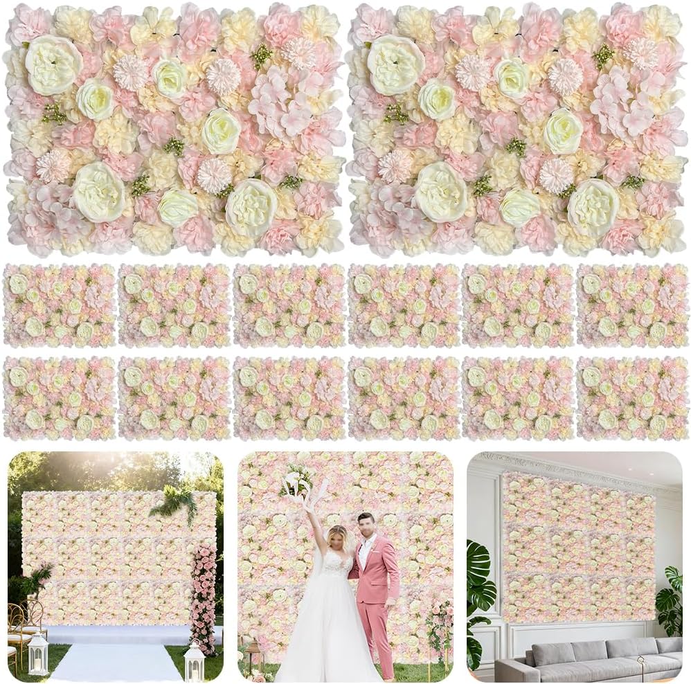 Artificial 3D Flower Wall Panel for Backdrop 24x16 inches 12 Pcs Light Pink Faux Roses Artificial Flower Backdrop for Wedding Party Bridal Baby Shower Decor