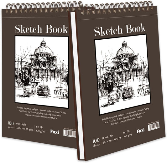 9" x 12" Sketch Book, Top Spiral Bound Sketch Pad, 2 Packs 100 Sheets Each (68lb/100gsm), Acid Free Art Sketchbook Artistic Drawing Painting Writing Paper for Kids Adults Beginners Artists