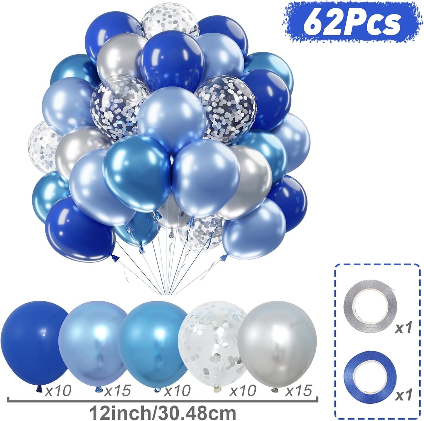 Netnology Blue Silver Balloons Set,60Pcs 12 Inch Navy Royal Blue Balloons light Blue Silver Metallic Confetti Balloon for Birthday Baby Shower Bridal Shower Wedding Graduation Party Decorations