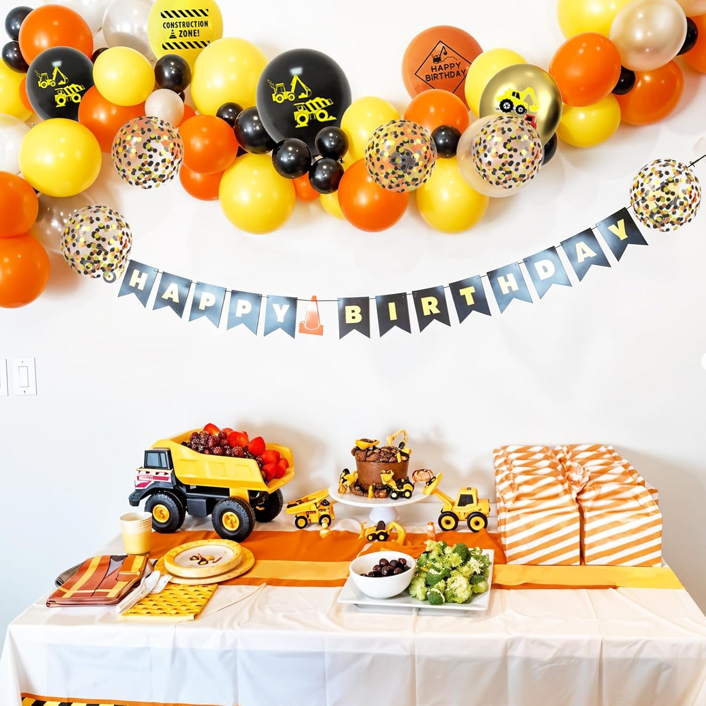 Construction Balloons, 12 Inch Gold Black Yellow Orange Confetti Balloons for Boy Baby Shower Construction Themed Birthday Truck Party Graduation Supplies