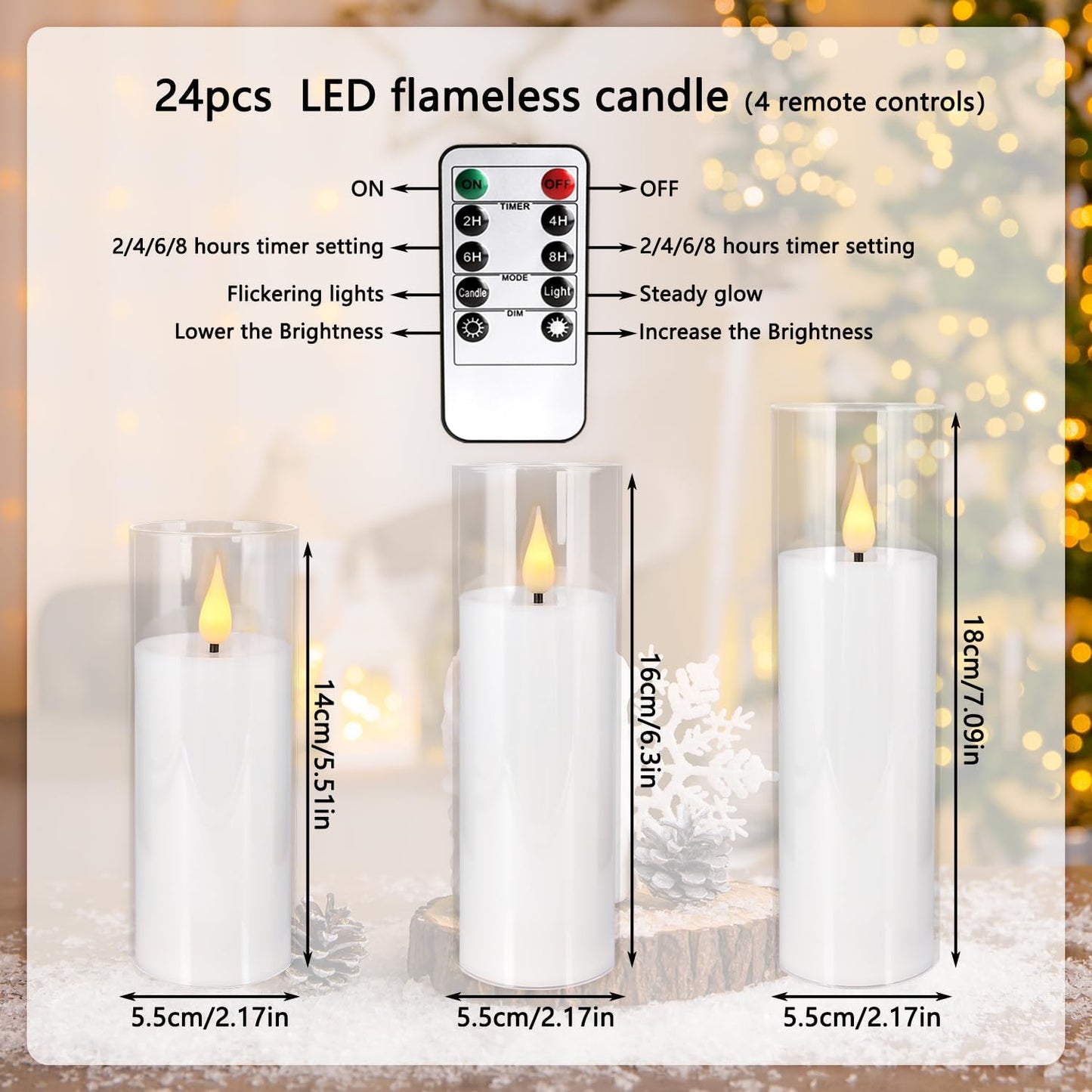 24-Pack Premium Flameless LED Candles - Elegant White & Clear Acrylic Pillar Design with Realistic Flickering Flame, Remote Control & Timer for Weddings, Christmas, Halloween & Home Decor