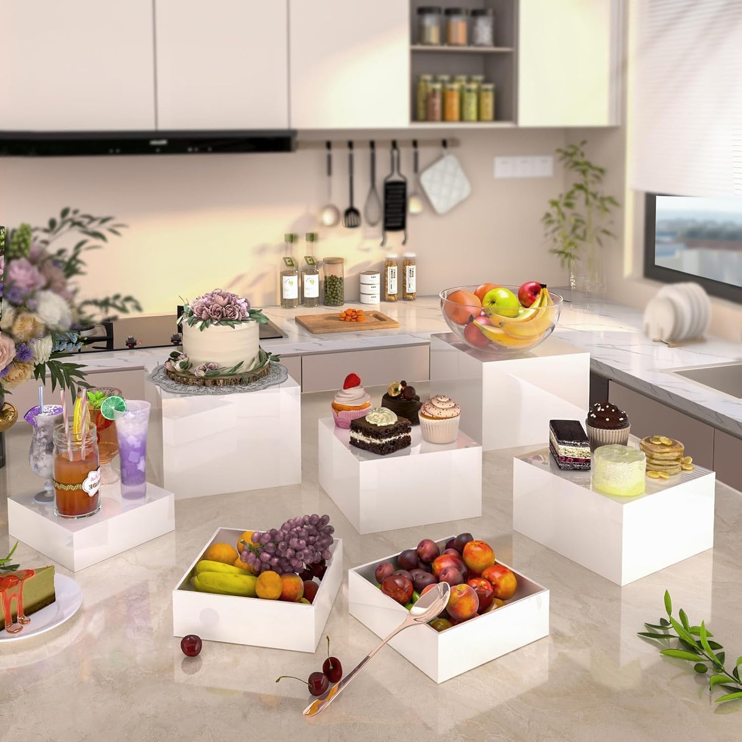 Buffet Risers, Food Display Risers for Party, White Acrylic Risers Display Stand for Buffet Table, Catering Displays for Dessert, Cube Box Nesting Riser with Hollow Bottoms (6"x7"x8" 6PCS)