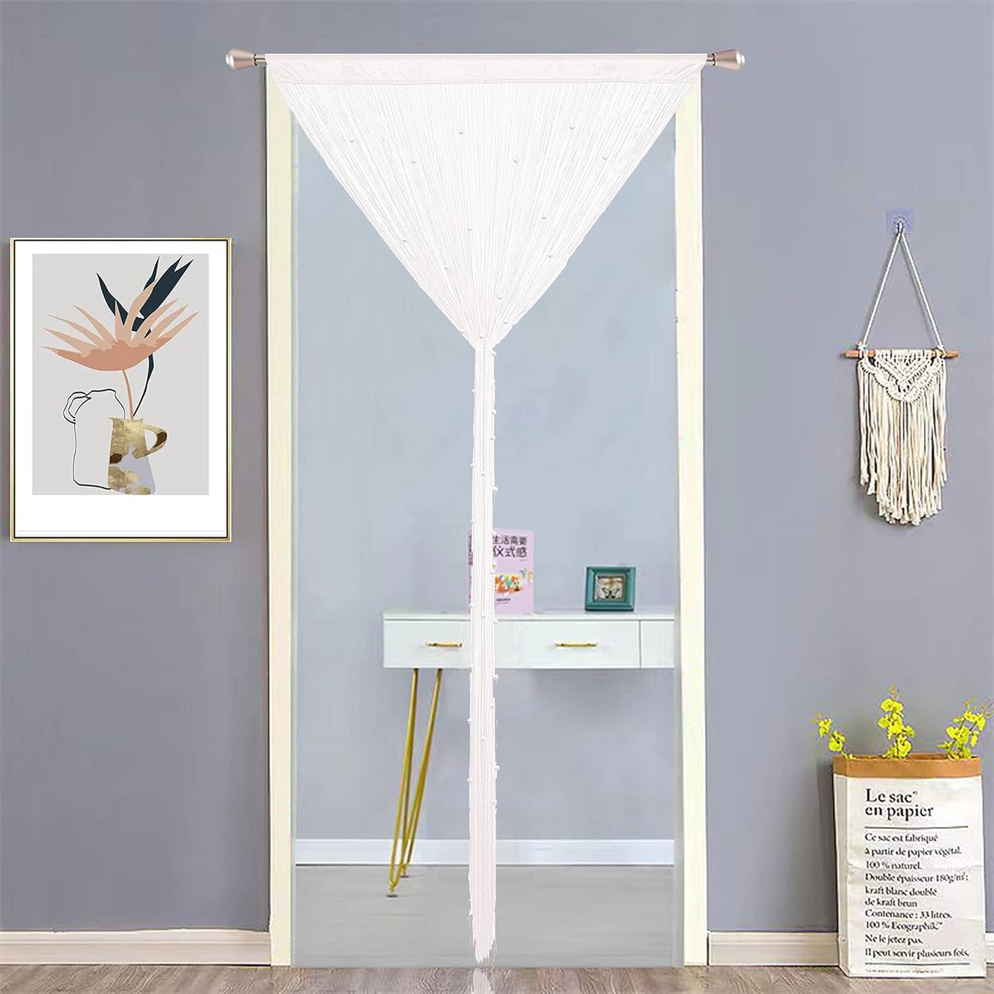 Beaded Curtain Beads Door String Curtains Ideal for Living Room Decor Wall Hanging Fringe Doorway Divider Bedroom Backdrop Hippie Window Closet Privacy Rod Pocket Dense (100x200cm,White)