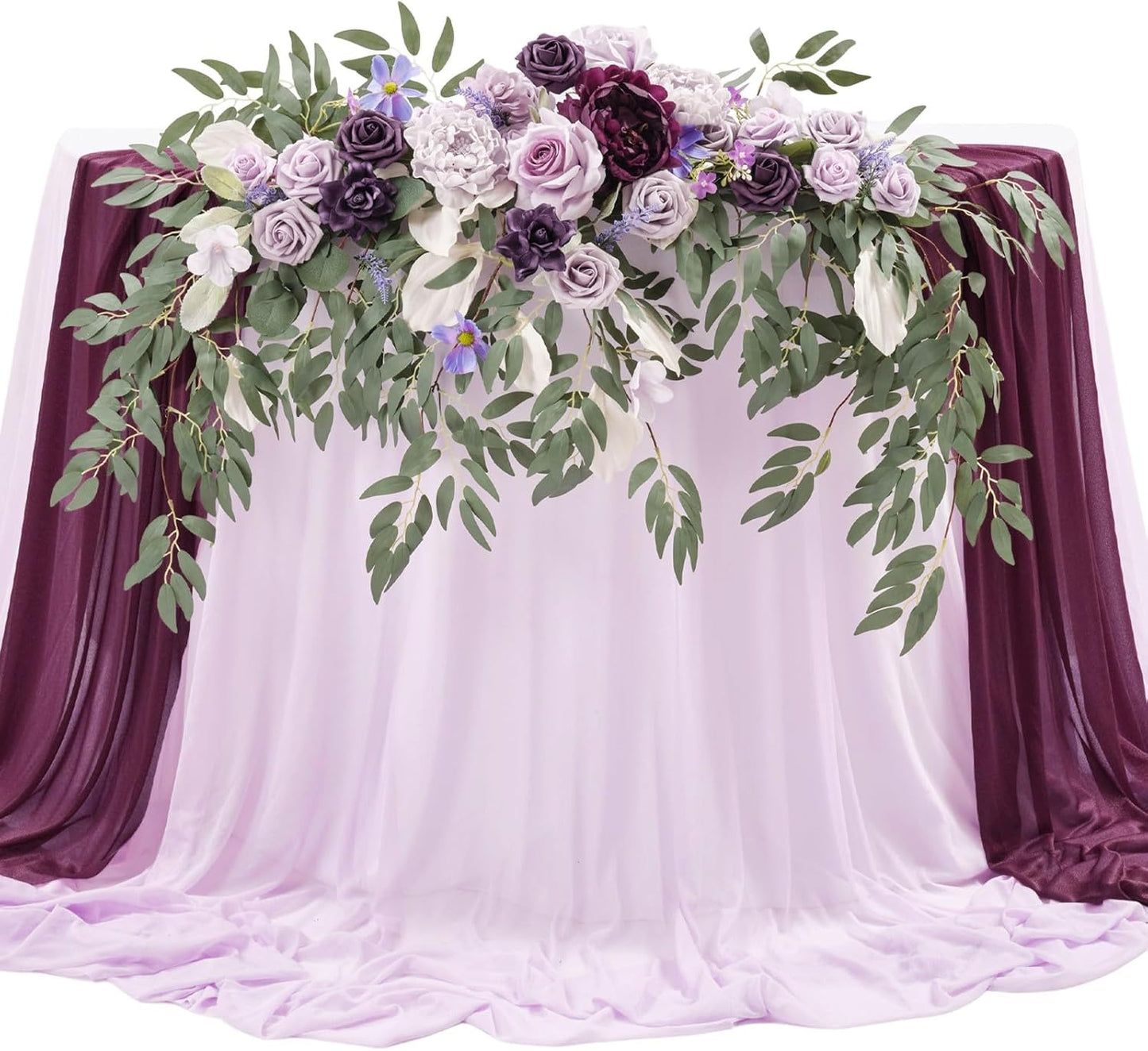TINGE TIME Artificial Sweetheart Flower Swag with Tablecloth and Table Runner, Pack of 3 Floral Arrangement for Wedding Sweetheart Table Centerpiece Decoration (Lavender & Plum)