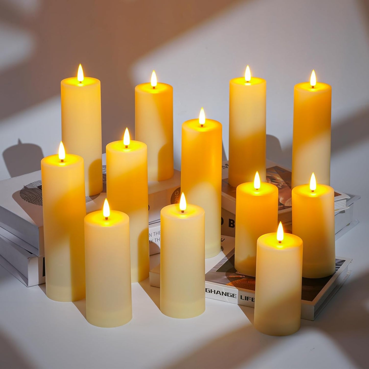Da by 12 Pack Outdoor Waterproof LED Flameless Candles with Remote Control Timer, Realistic Flickering LED Pillar Candles for Wedding, Festival, Outdoor & Home Decoration-D 3'' H 4'' 5'' 6''7''