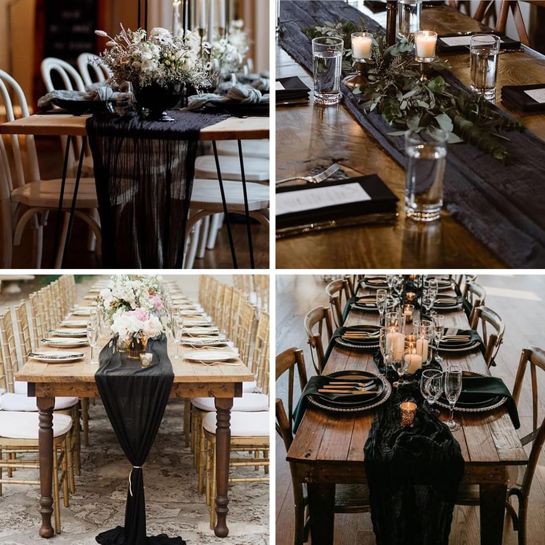 10 Pack Black Cheesecloth Table Runner -21*120Inch Long Boho Wedding Table Decor, Rustic Gauze Fabric Runner for Bridal Showers, Baby Showers & Parties (Sheer, Lightweight, Wrinkled Design)