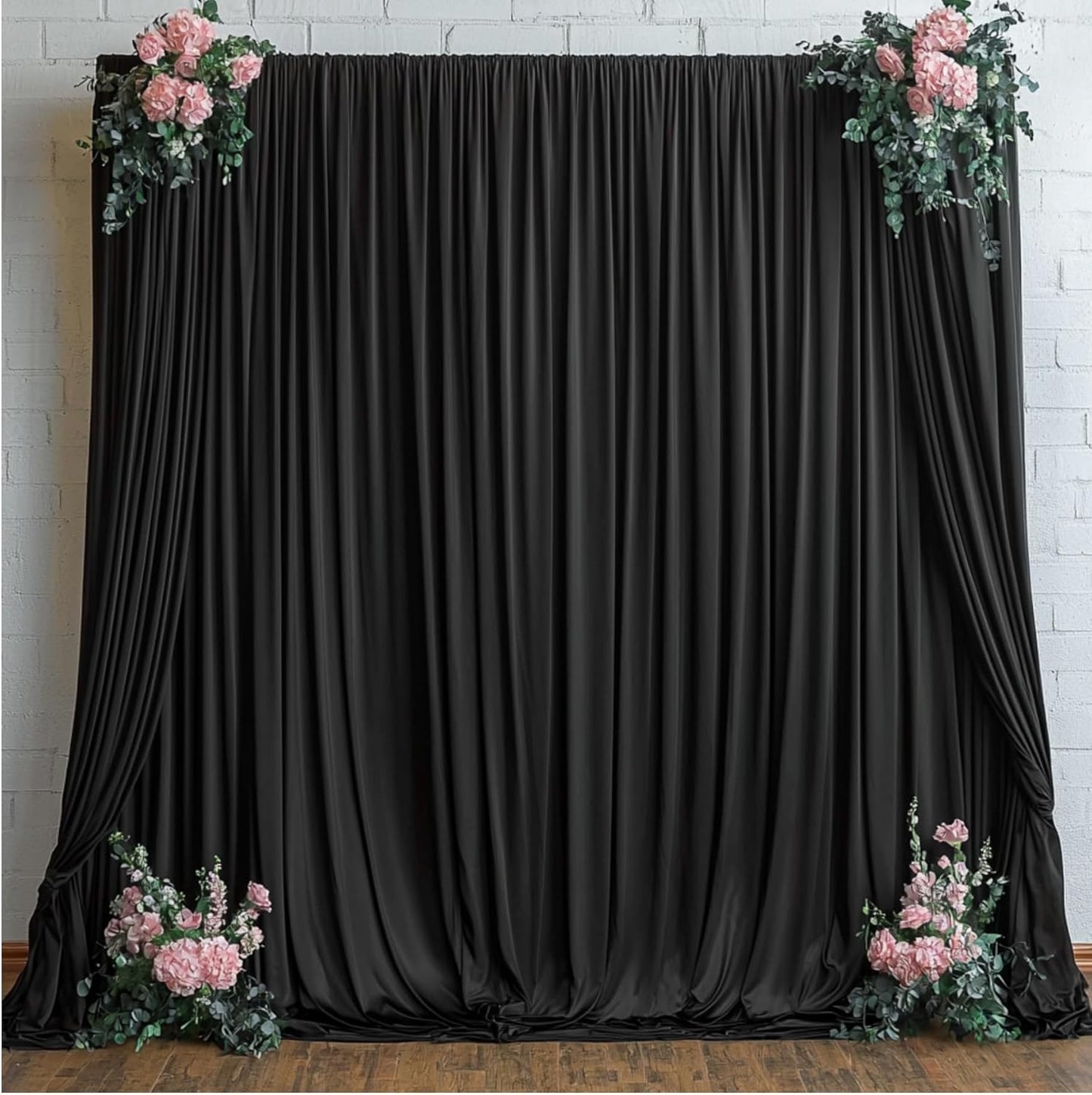 10ftx12ft Wrinkle Free Black Backdrop Curtain, 2 Panels 12FT Height Black Wedding Backdrop Drapes, Silky Polyester Back Drop Cloth for Birthday Photography Background Party Backdrop Draping