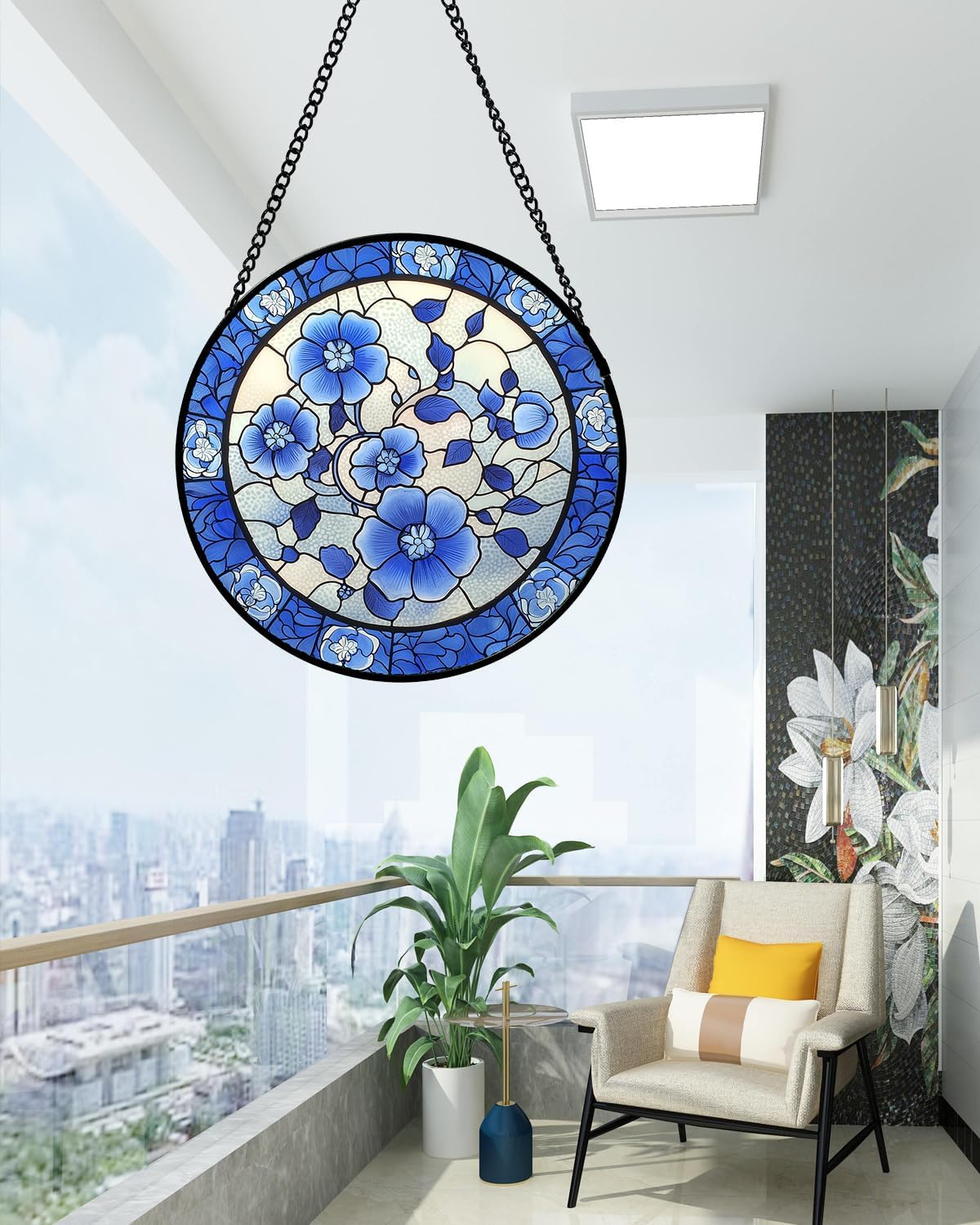 Stained Glass Window Hanging, Blue and White Plum Blossom Sun Catcher for Door Home Decor Flowers Suncatcher Christmas Mother's Day Birthday Gifts for Women Men Mom and Nana 6.3 in