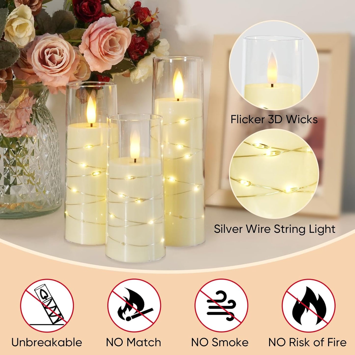 Raycare Flameless Candle with Remote Timer, 7 Flickering Acrylic Battery Operated LED Pillar Candles with Embedded Star String for Halloween, Home Decor, and as a Gift(Ivory)
